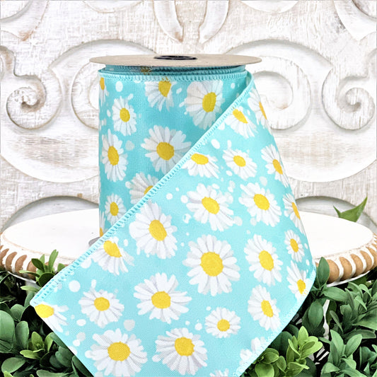 4 Inch Daisy ribbon, Daisy Ribbon, Blue Daisy Ribbon, Wired Daisy Ribbon, Blue Floral Ribbon, Wired Flowered Ribbon, Grosgrain Ribbon