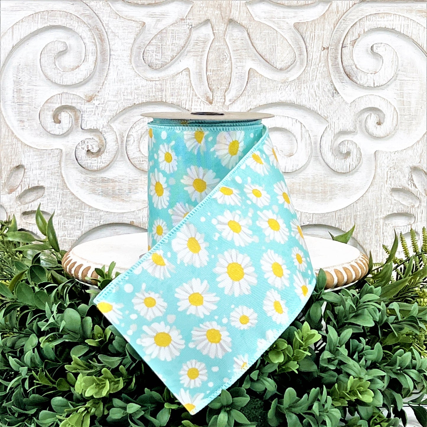 4 Inch Daisy ribbon, Daisy Ribbon, Blue Daisy Ribbon, Wired Daisy Ribbon, Blue Floral Ribbon, Wired Flowered Ribbon, Grosgrain Ribbon