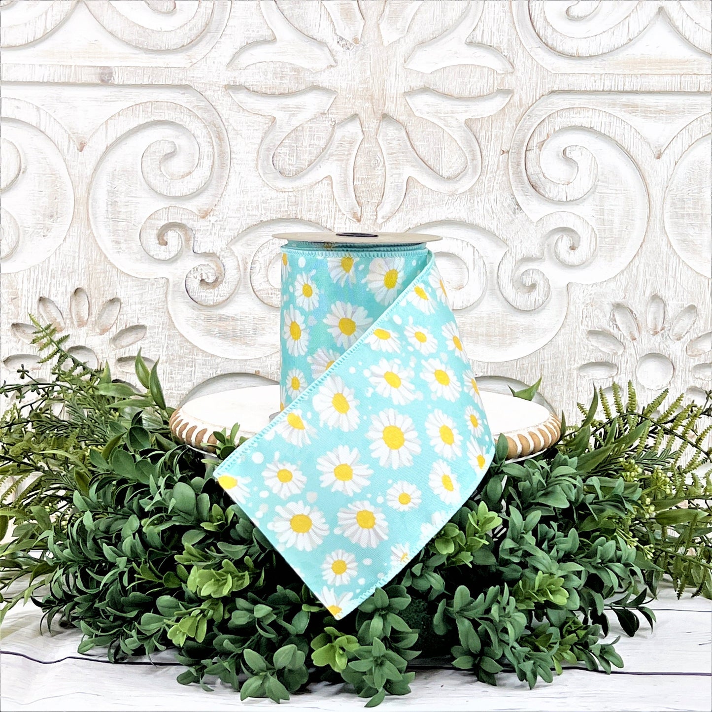 4 Inch Daisy ribbon, Daisy Ribbon, Blue Daisy Ribbon, Wired Daisy Ribbon, Blue Floral Ribbon, Wired Flowered Ribbon, Grosgrain Ribbon