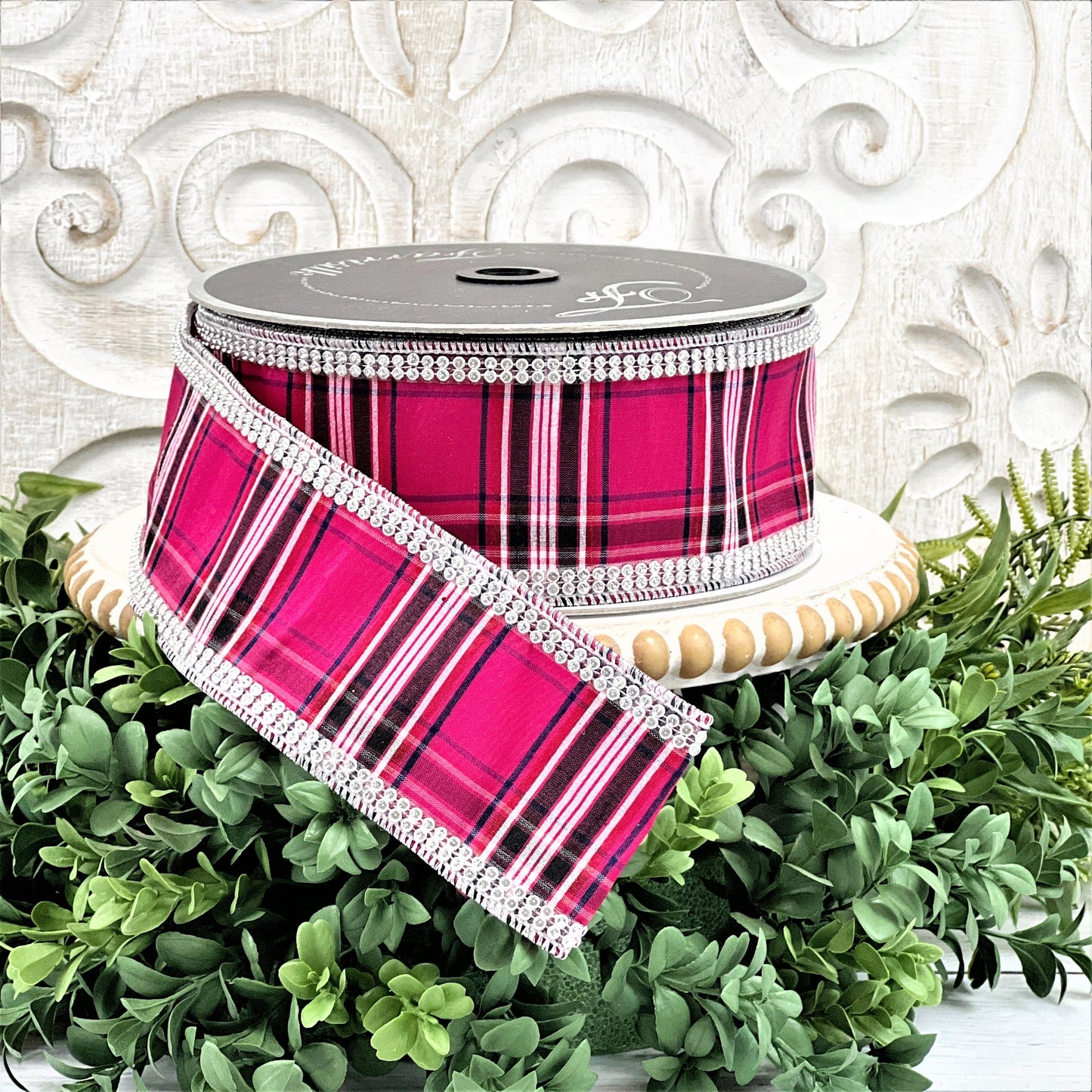 Pink Plaid Ribbon, Pink Tartan Ribbon, Rhinestone Ribbon, Pink Jeweled Ribbon, Farrisilk Ribbon, Pink Christmas Ribbon, Jewel Trim Ribbon