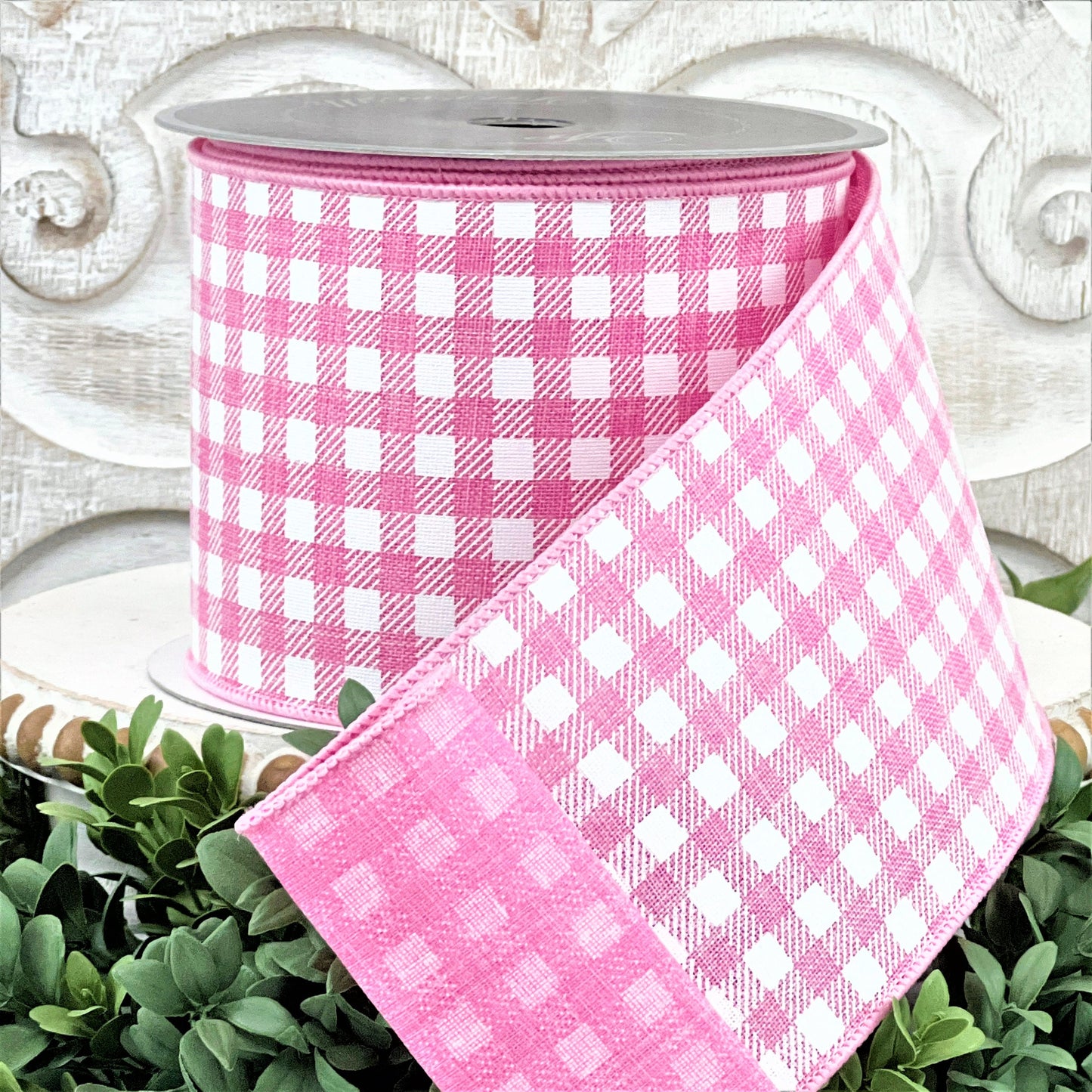 Pink Gingham Ribbon, Pink and White Check Ribbon,  Farrisilk Picnic Check Ribbon, 4 Inch Wired ribbon, Designer Ribbon, Wired Floral Ribbon