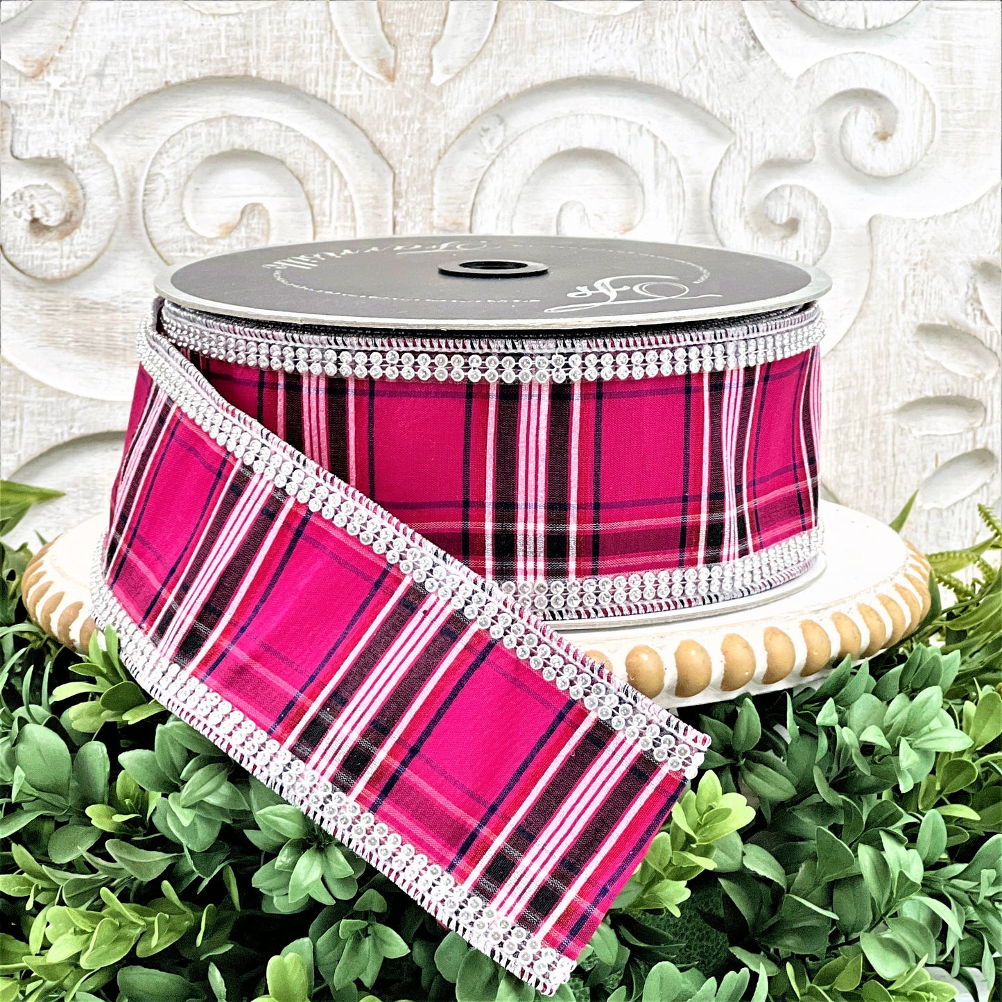 Pink Plaid Ribbon, Pink Tartan Ribbon, Rhinestone Ribbon, Pink Jeweled Ribbon, Farrisilk Ribbon, Pink Christmas Ribbon, Jewel Trim Ribbon