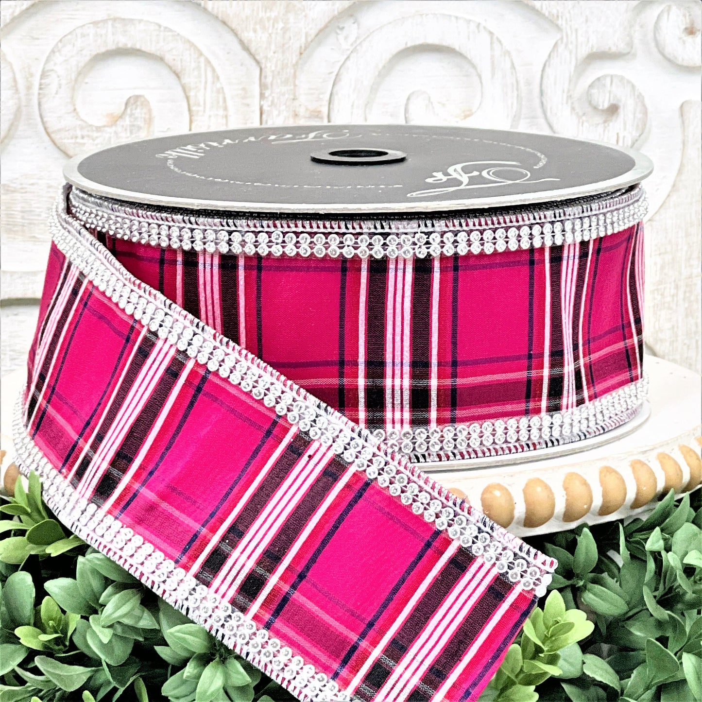 Pink Plaid Ribbon, Pink Tartan Ribbon, Rhinestone Ribbon, Pink Jeweled Ribbon, Farrisilk Ribbon, Pink Christmas Ribbon, Jewel Trim Ribbon
