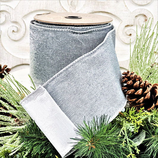 Silver Velvet Ribbon, Metallic Silver Velvet Ribbon, 2.5”Silver Ribbon, D Stevens Ribbon, Metallic Silver Ribbon, Wreath Making Supply