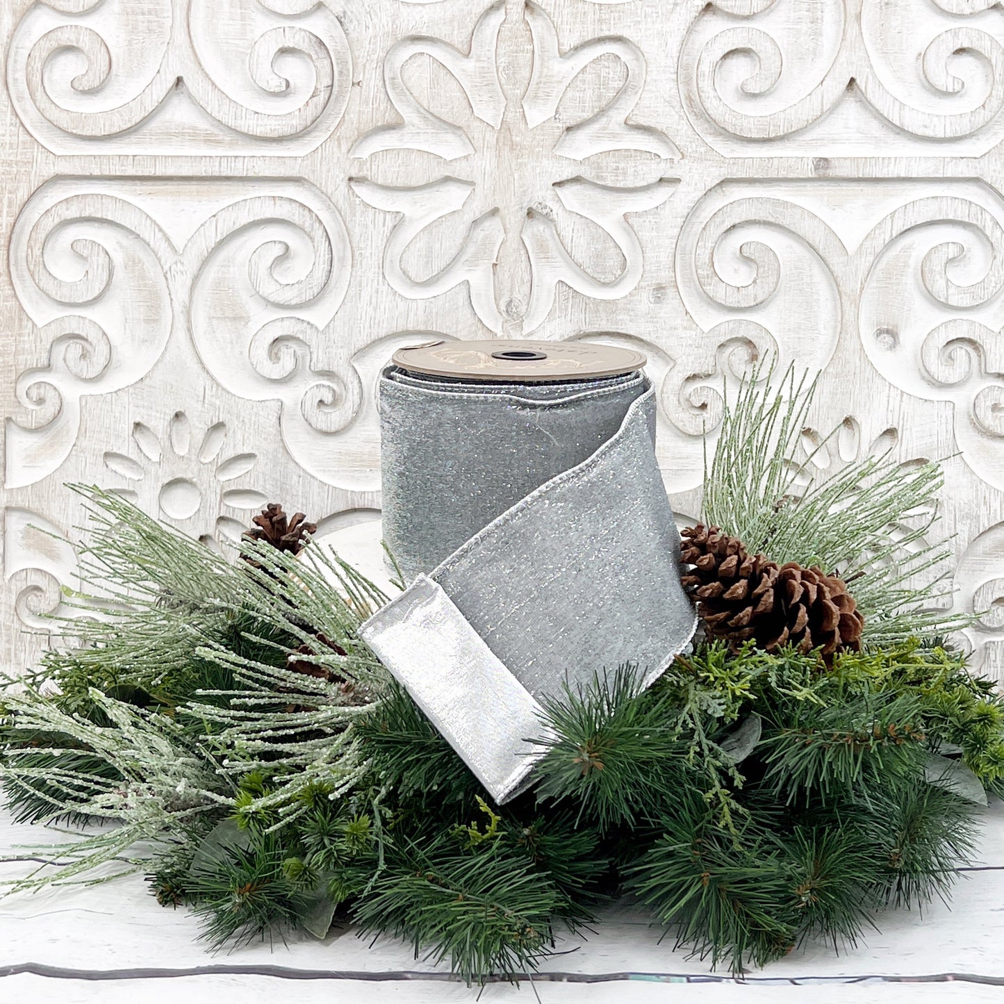 Silver Velvet Ribbon, Metallic Silver Velvet Ribbon, 2.5”Silver Ribbon, D Stevens Ribbon, Metallic Silver Ribbon, Wreath Making Supply