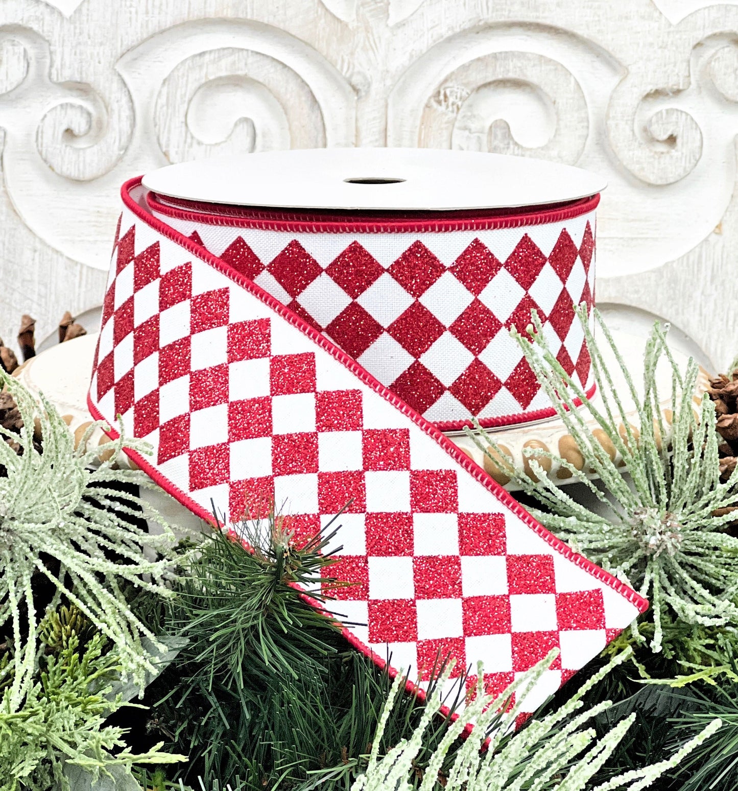 Red and White Glitter Jester Ribbon, Red and White Harlequin Ribbon, Glitter Diamond Ribbon, Christmas Ribbon, Holiday Ribbon