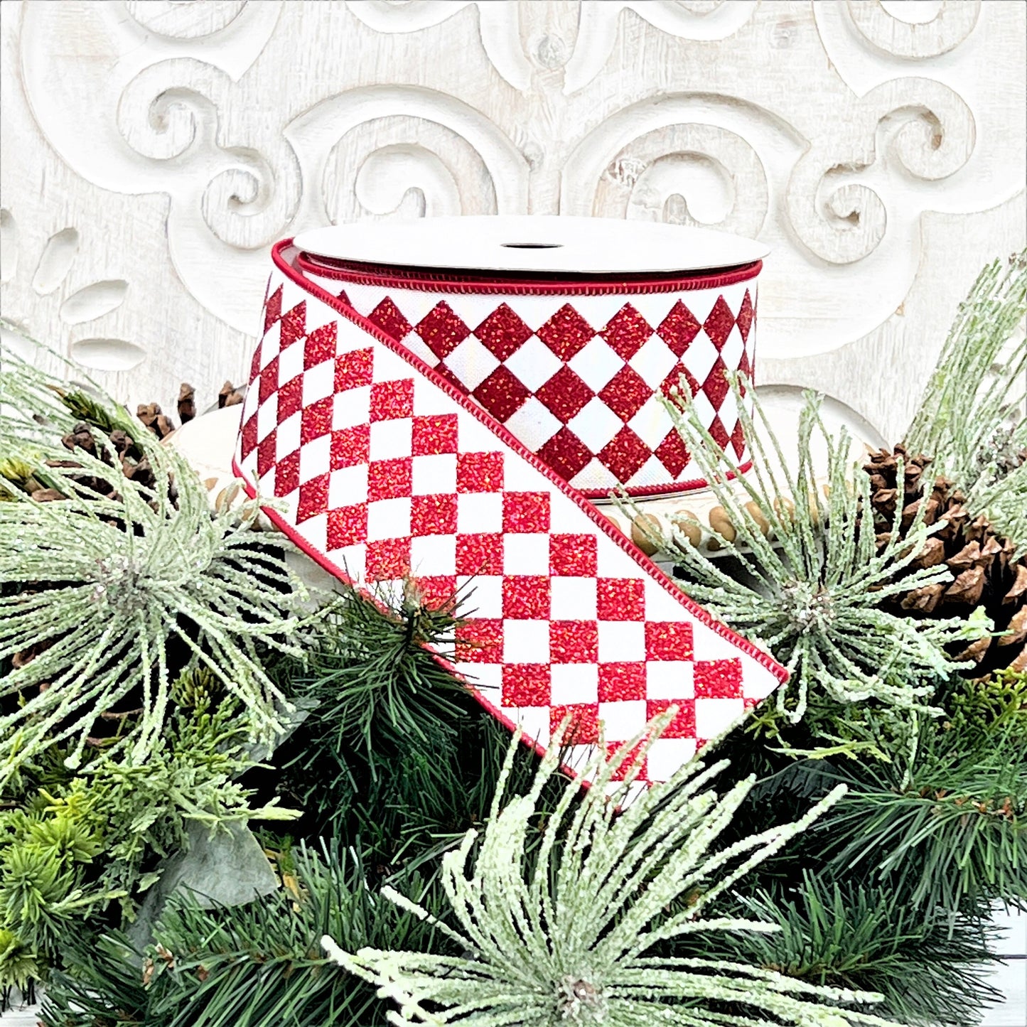 Red and White Glitter Jester Ribbon, Red and White Harlequin Ribbon, Glitter Diamond Ribbon, Christmas Ribbon, Holiday Ribbon