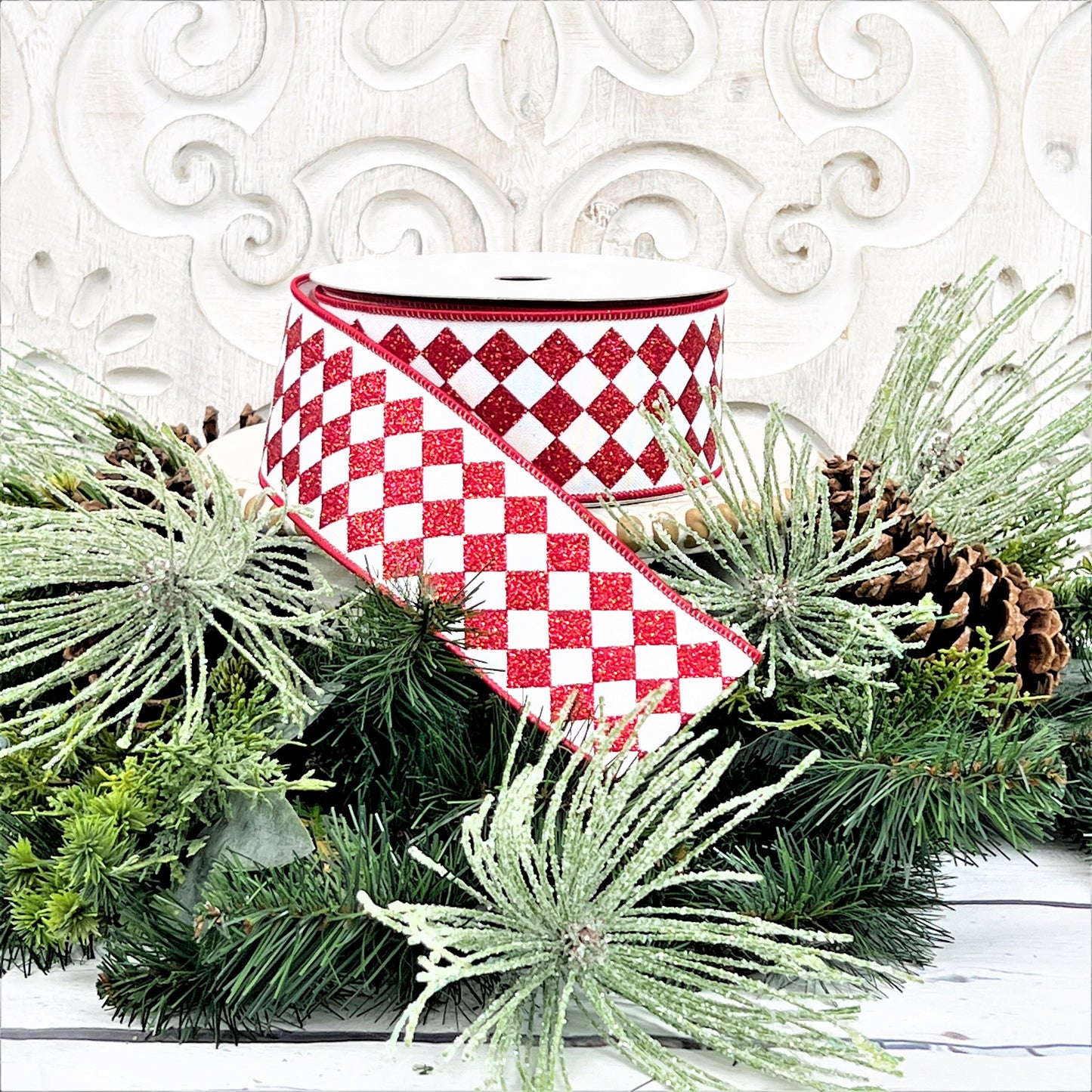 Red and White Glitter Jester Ribbon, Red and White Harlequin Ribbon, Glitter Diamond Ribbon, Christmas Ribbon, Holiday Ribbon