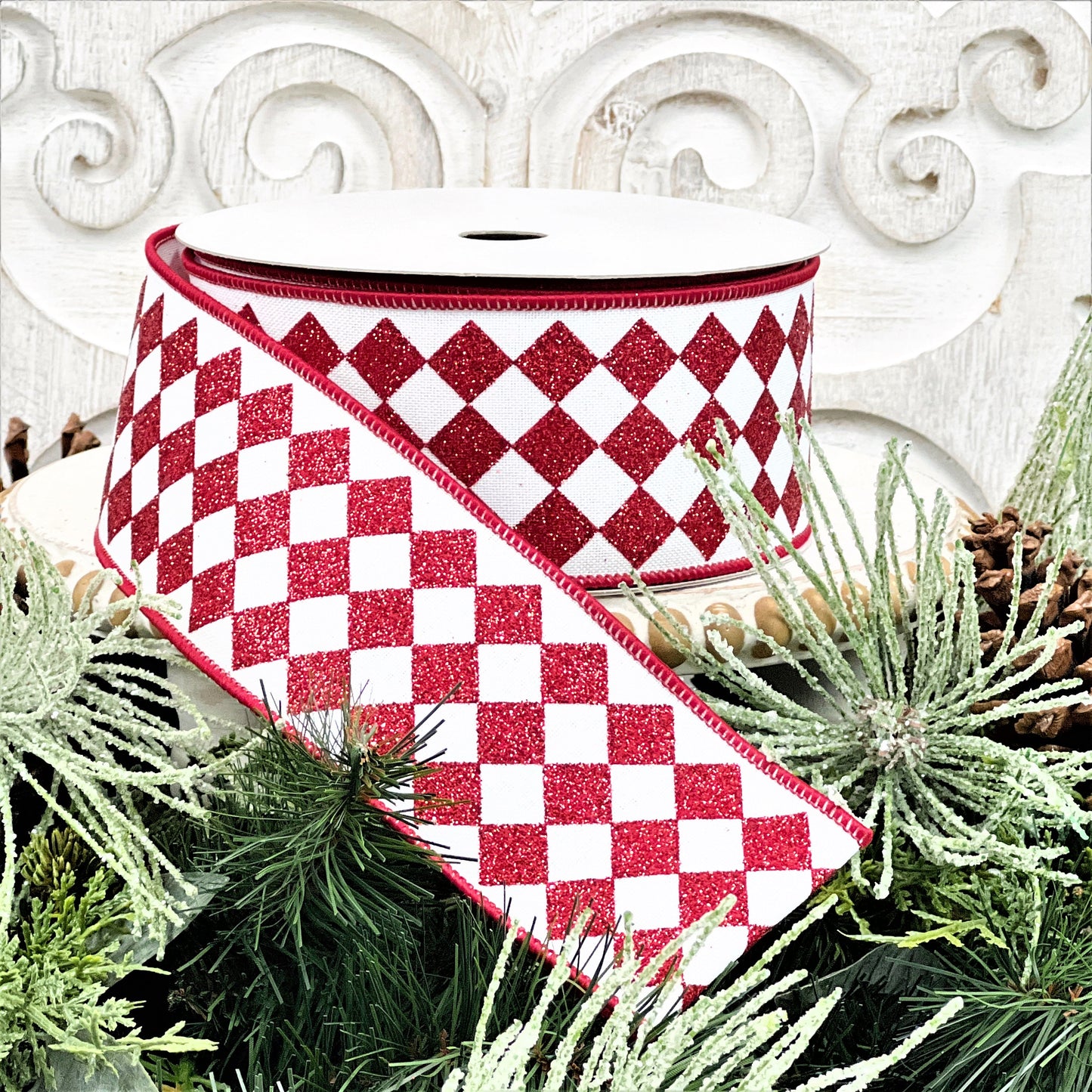 Red and White Glitter Jester Ribbon, Red and White Harlequin Ribbon, Glitter Diamond Ribbon, Christmas Ribbon, Holiday Ribbon