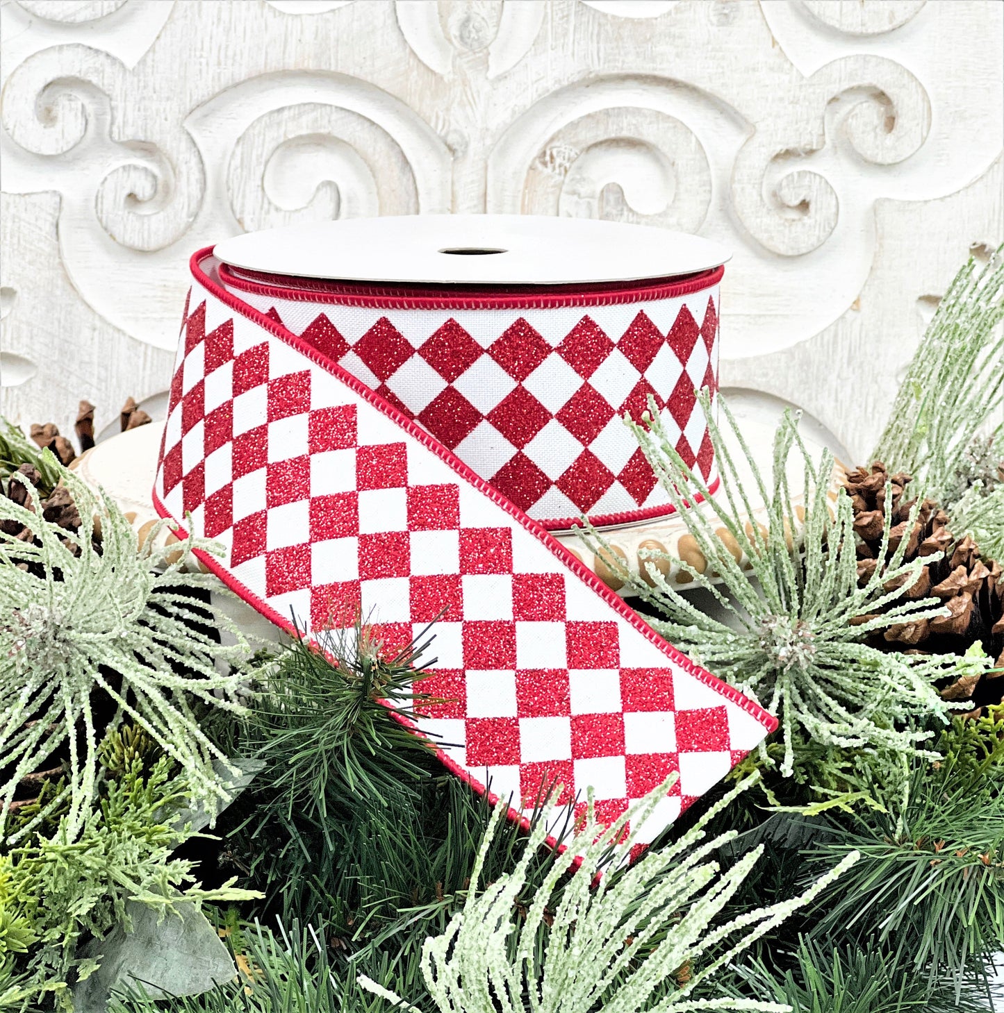 Red and White Glitter Jester Ribbon, Red and White Harlequin Ribbon, Glitter Diamond Ribbon, Christmas Ribbon, Holiday Ribbon