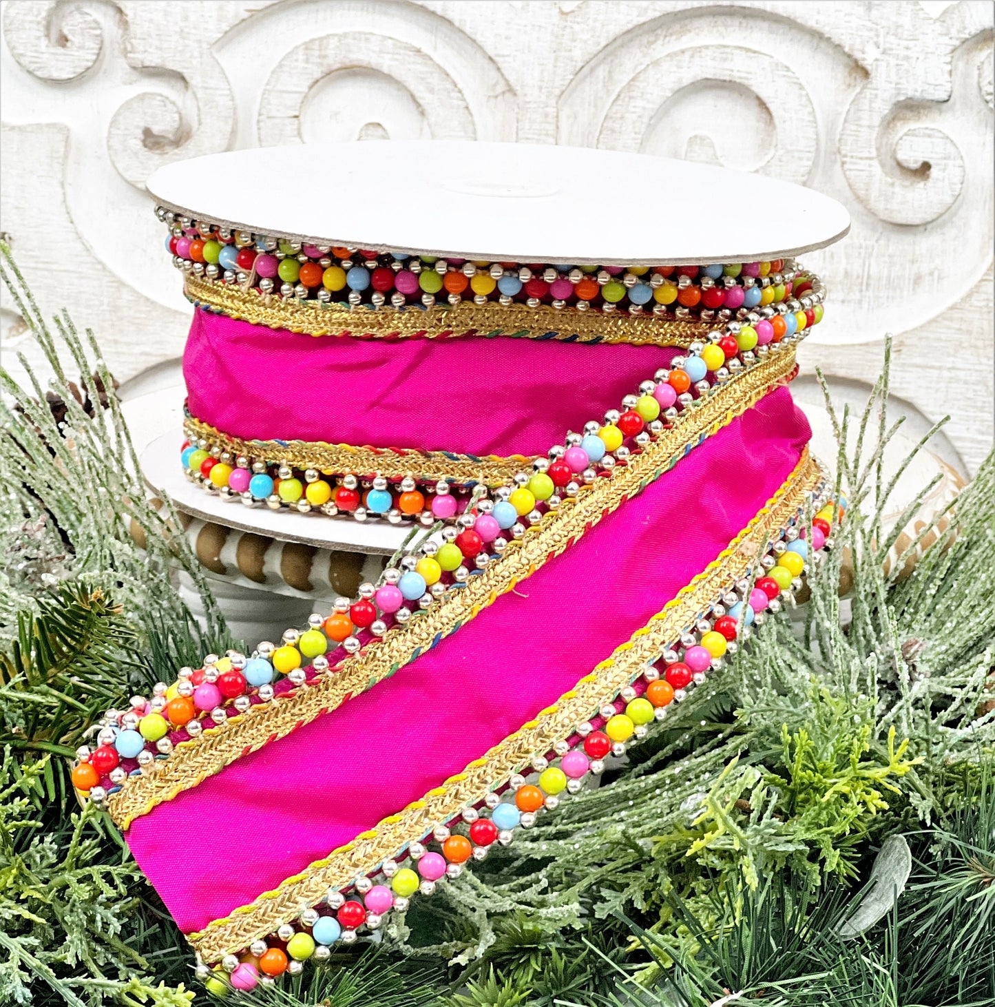 Fuchsia Ribbon, Hot Pink Beaded Ribbon, Beaded Ribbon, Jeweled Ribbon, Pink Spring Ribbon, Summer Ribbon, Fiesta Ribbon, Pink Wedding Decor