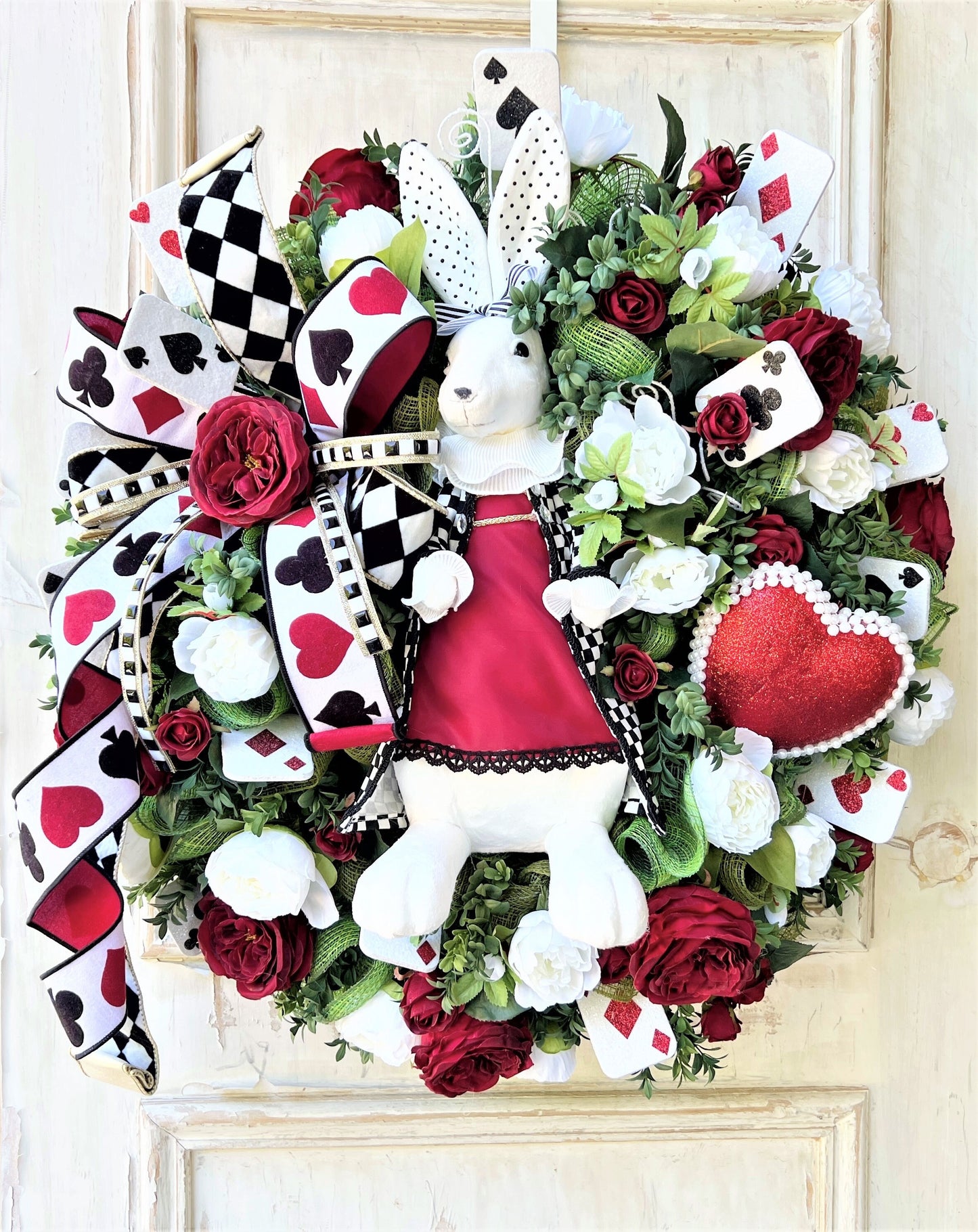 Queen of Hearts Wreath, White Rabbit Wreath, Easter Bunny Wreath, Easter Decor, Playing Card Wreath, Red Rose Wreath, Valentines Wreath