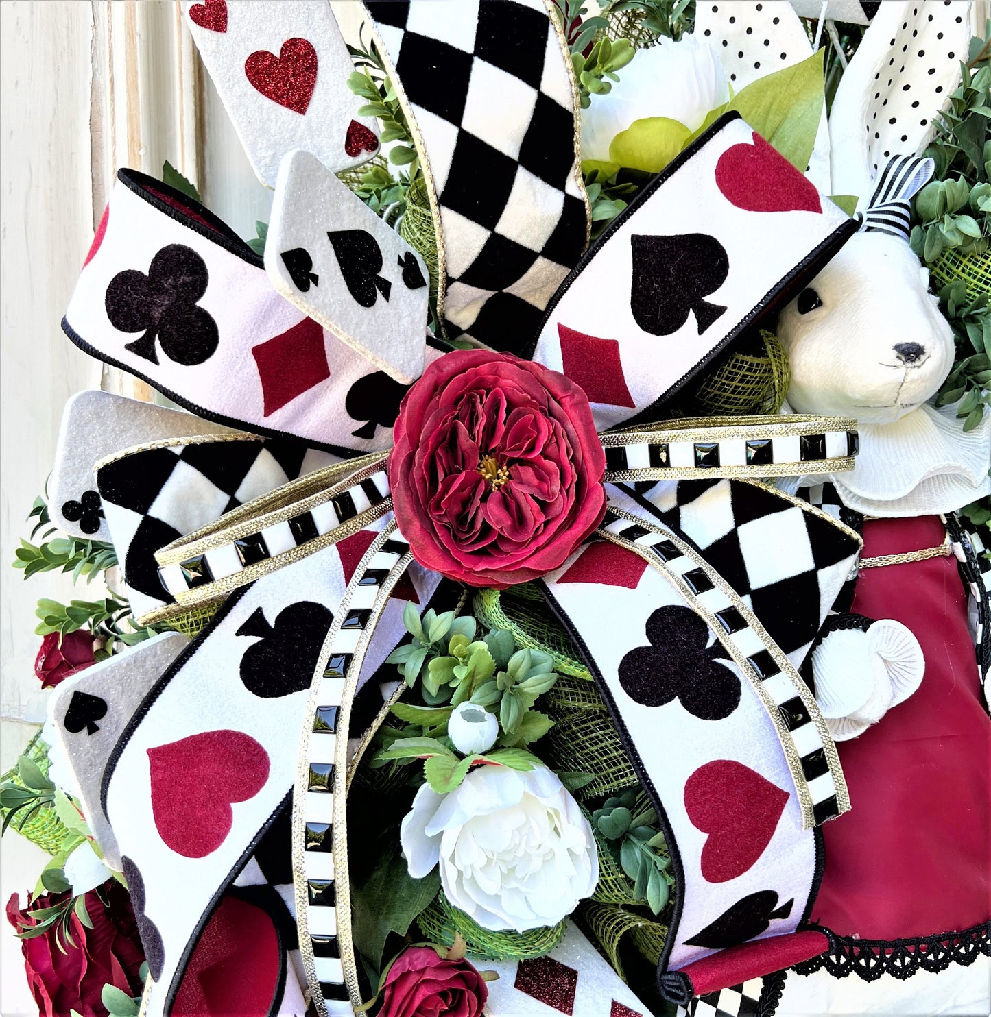 Queen of Hearts Wreath, White Rabbit Wreath, Easter Bunny Wreath, Easter Decor, Playing Card Wreath, Red Rose Wreath, Valentines Wreath
