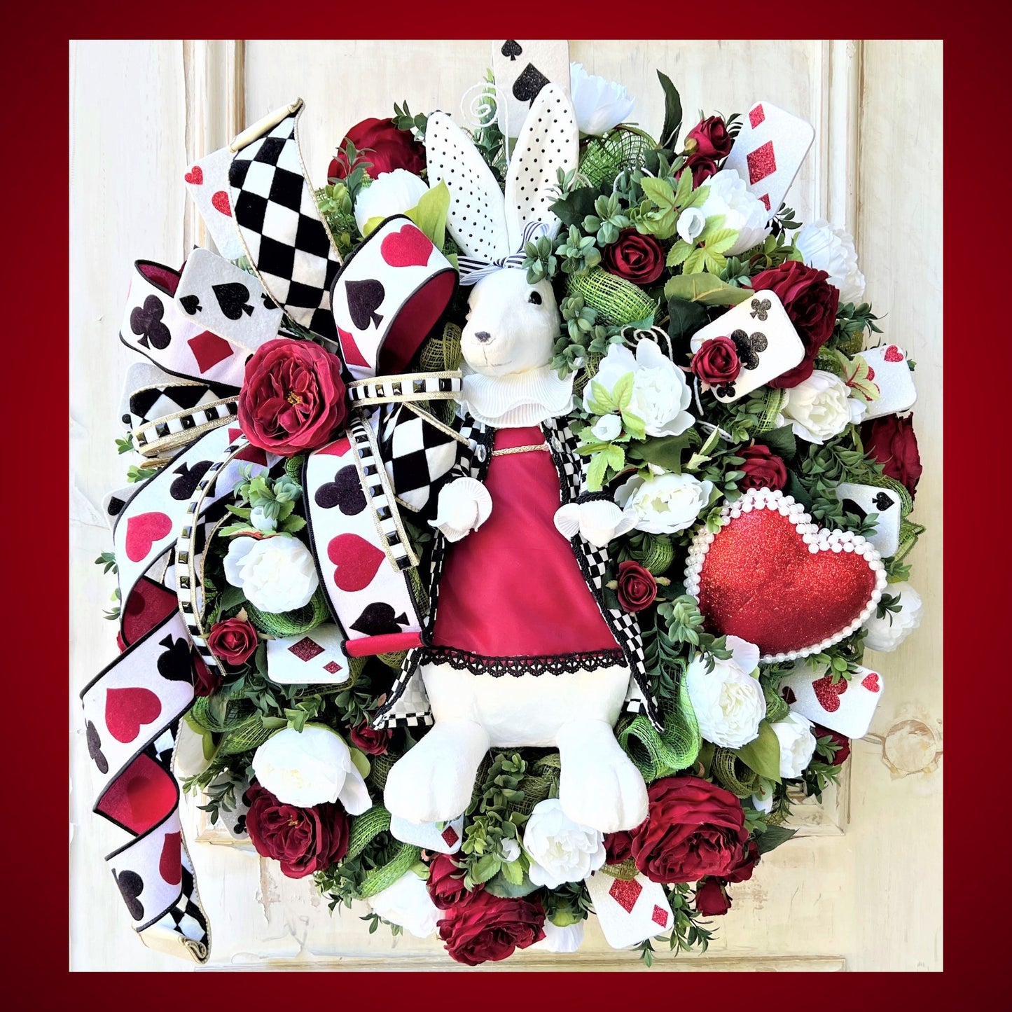 Queen of Hearts Wreath, White Rabbit Wreath, Easter Bunny Wreath, Easter Decor, Playing Card Wreath, Red Rose Wreath, Valentines Wreath