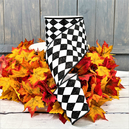 Harlequin Ribbon, Farrisilk Ribbon, Glitter Jester Diamond Ribbon, Black and White Ribbon, Glitter Harlequin Ribbon,