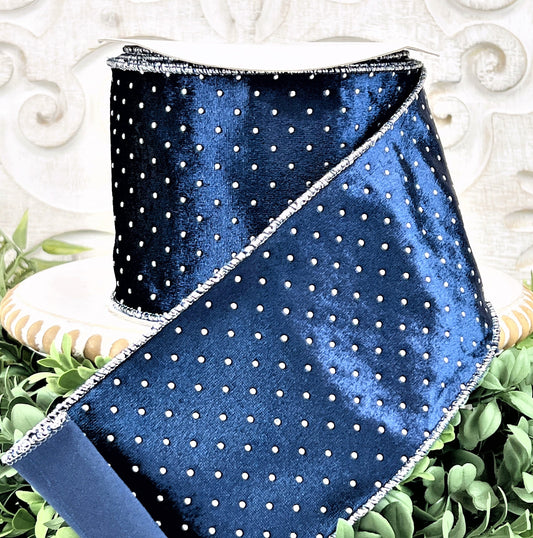 Blue and Silver Velvet Ribbon, Dark Blue Velvet Ribbon, Silver Polka Dot Ribbon, Blue and Silver Ribbon, Blue Velvet Ribbon, Holiday Ribbon