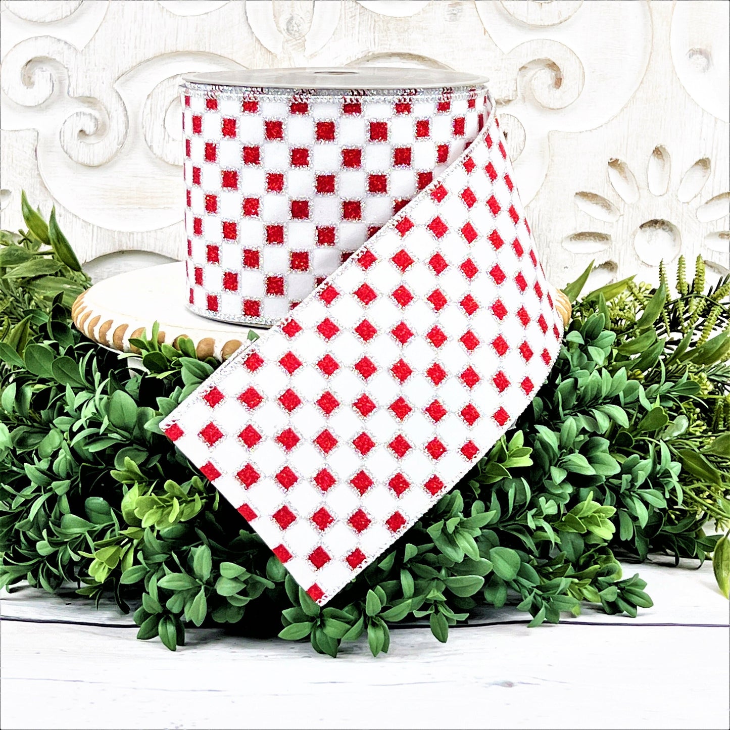 Red and White Checked Ribbon, Glitter Checked Ribbon, Framed Checks Ribbon, Christmas Ribbon, Red and Silver Ribbon, 4" Wired Ribbon