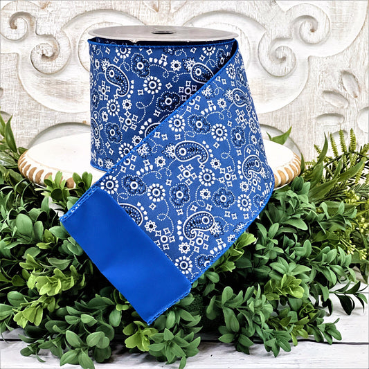 Blue Paisley Ribbon, 4" Blue Ribbon, Blue Wired Ribbon, 4" Paisley ribbon, Bandana Ribbon, Wreath Making Supply, Farrisilk Ribbon,