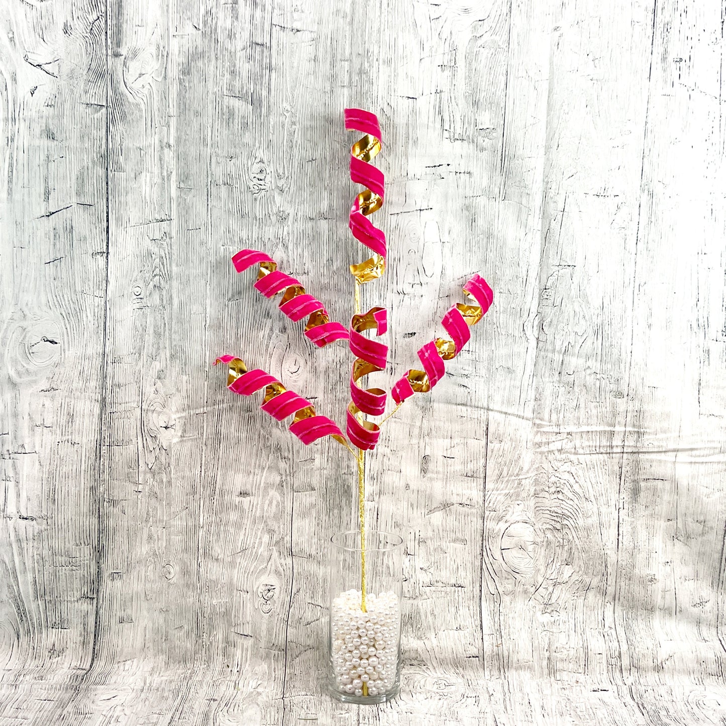 Pink and Gold Velvet Curly Spray, 28" Hot Pink Curly Spray, Spiral Curly x5 Spray: Pink/Gold, Spiral Curly Christmas Spray, Pink Curly Pick