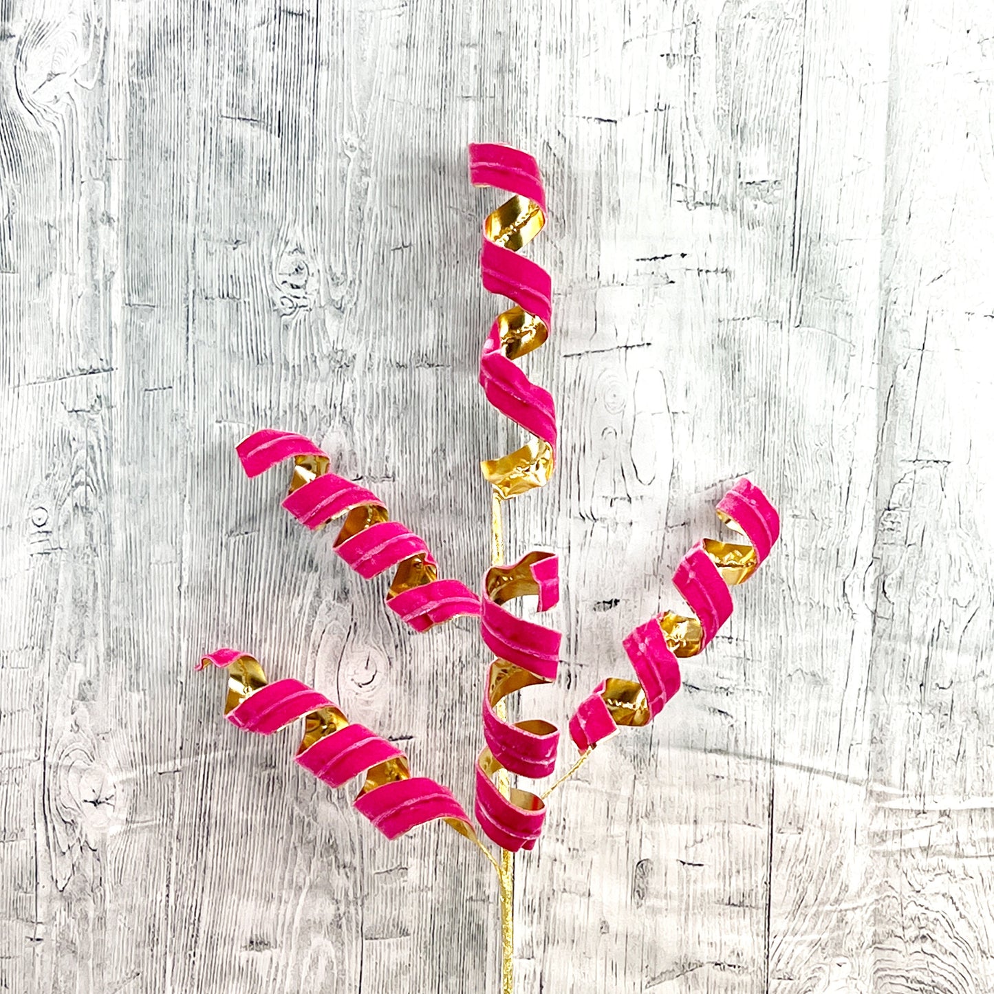 Pink and Gold Velvet Curly Spray, 28" Hot Pink Curly Spray, Spiral Curly x5 Spray: Pink/Gold, Spiral Curly Christmas Spray, Pink Curly Pick