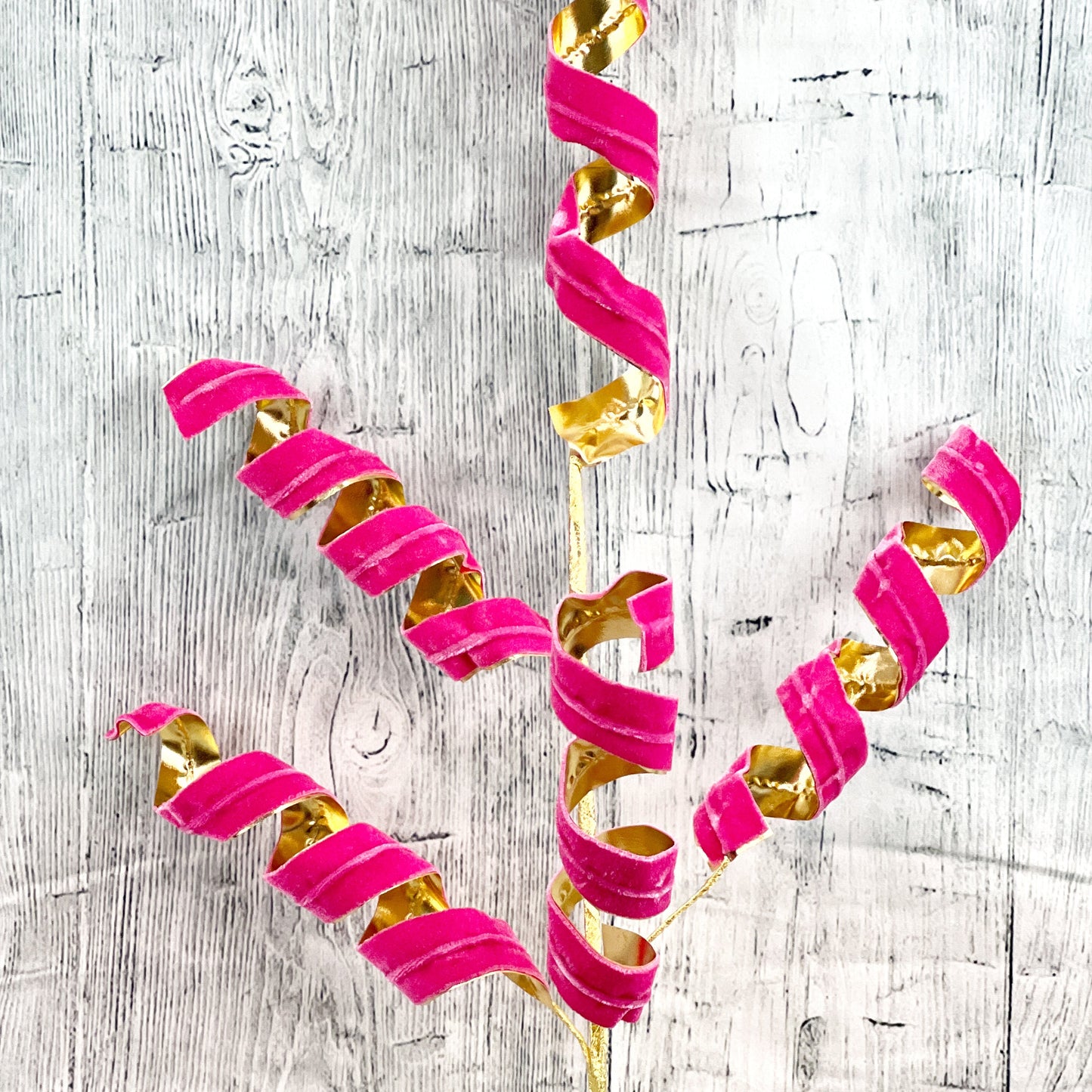 Pink and Gold Velvet Curly Spray, 28" Hot Pink Curly Spray, Spiral Curly x5 Spray: Pink/Gold, Spiral Curly Christmas Spray, Pink Curly Pick