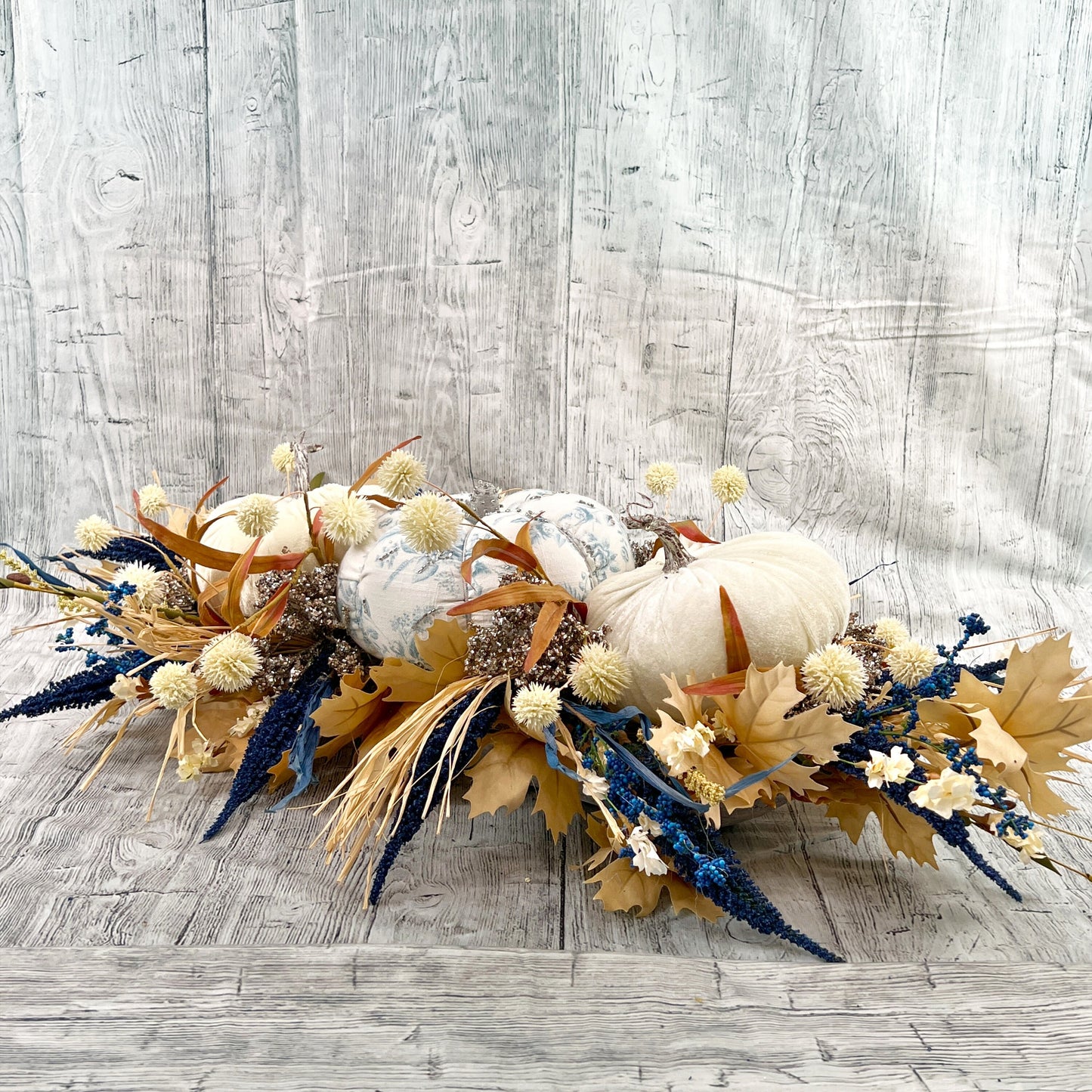Fall Pumpkin Centerpiece, Thanksgiving Table Top Decor, Chinoiserie Pumpkin Decor, Blue and White Floral Arrangement, Fall Table Decor,