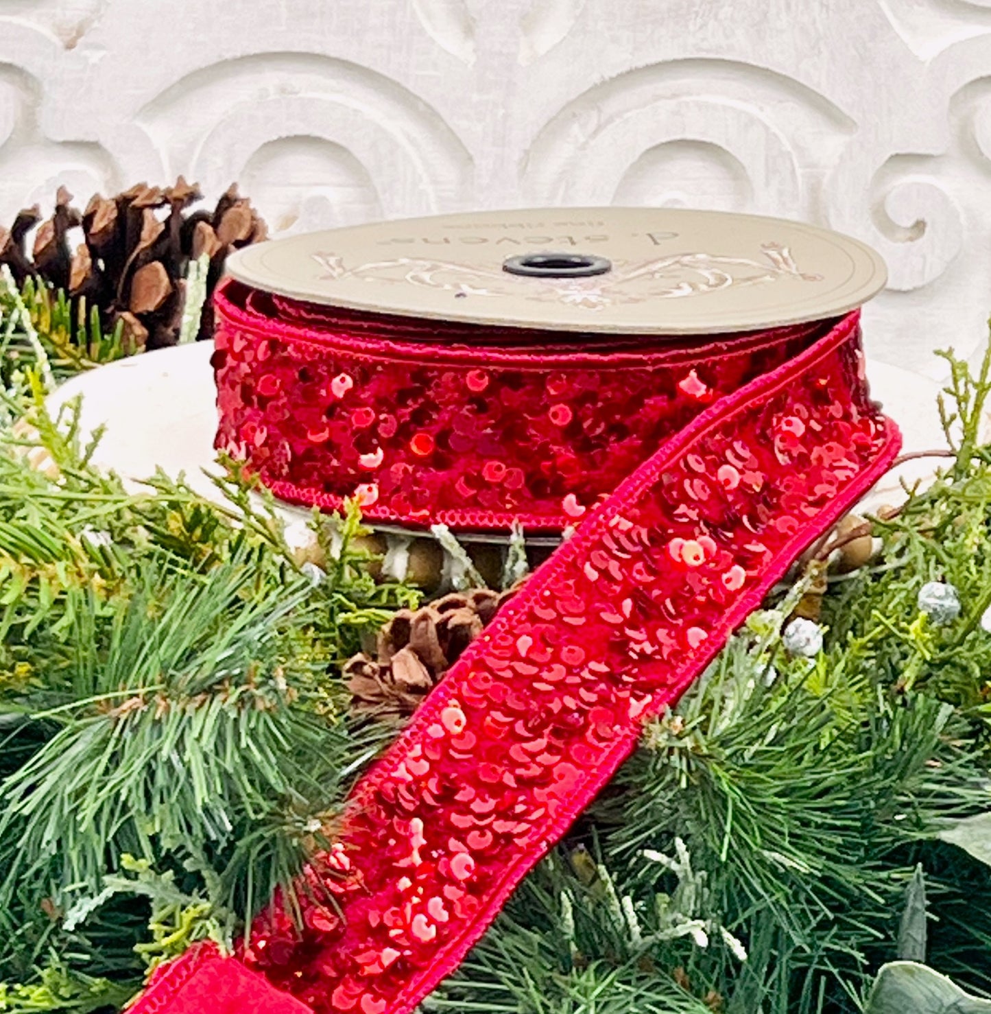 1" Red Sequin Ribbon, Wired Ribbon,  Sequin Ribbon, D Stevens Ribbon, Red Christmas Ribbon, Valentines Ribbon, Patriotic Ribbon, 4th of July