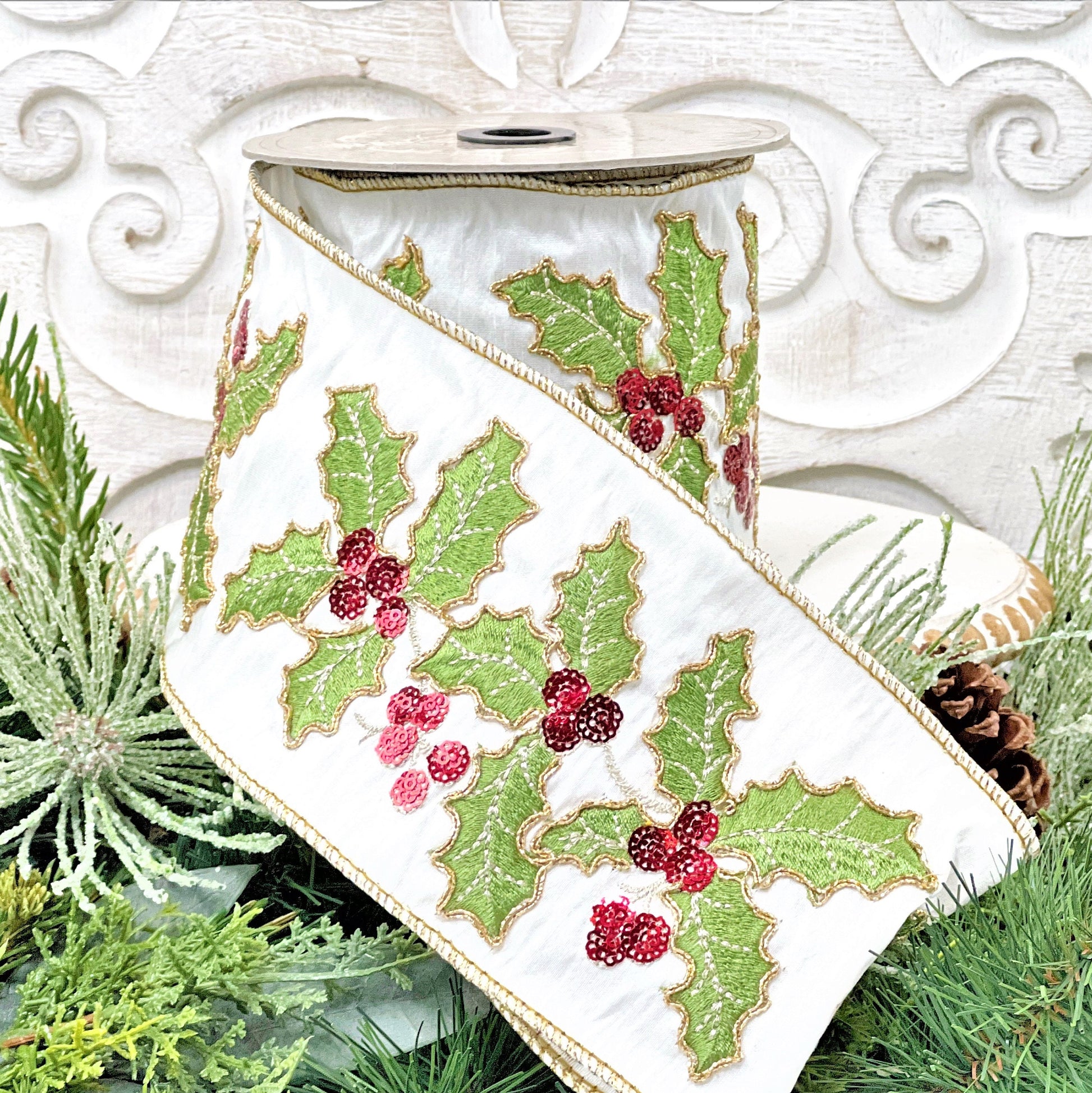 Christmas Holly Ribbon, Christmas Ribbon, D Stevens Embroidered Holly ribbon, Jeweled Christmas Ribbon, 4 Inch Wired Ribbon,