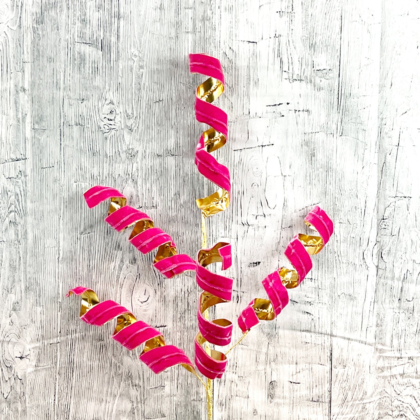 Pink and Gold Velvet Curly Spray, 28" Hot Pink Curly Spray, Spiral Curly x5 Spray: Pink/Gold, Spiral Curly Christmas Spray, Pink Curly Pick