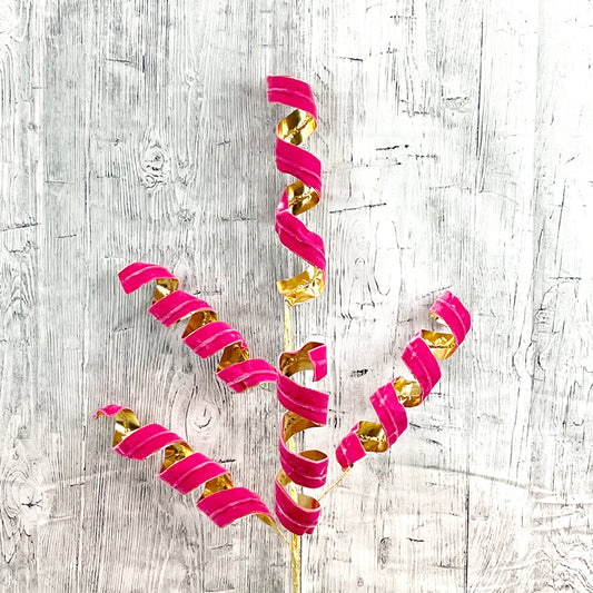 Pink and Gold Velvet Curly Spray, 28" Hot Pink Curly Spray, Spiral Curly x5 Spray: Pink/Gold, Spiral Curly Christmas Spray, Pink Curly Pick