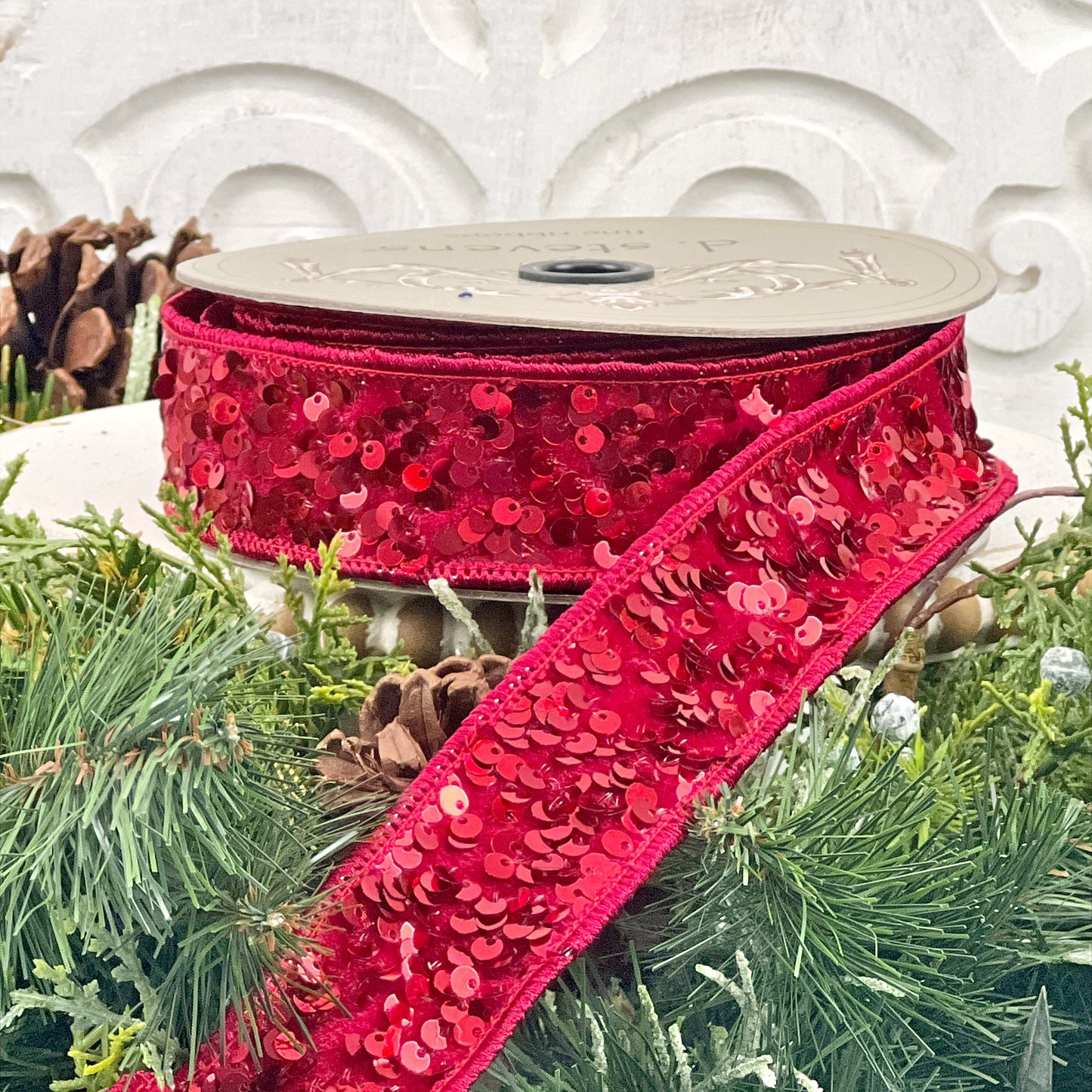 1" Red Sequin Ribbon, Wired Ribbon,  Sequin Ribbon, D Stevens Ribbon, Red Christmas Ribbon, Valentines Ribbon, Patriotic Ribbon, 4th of July