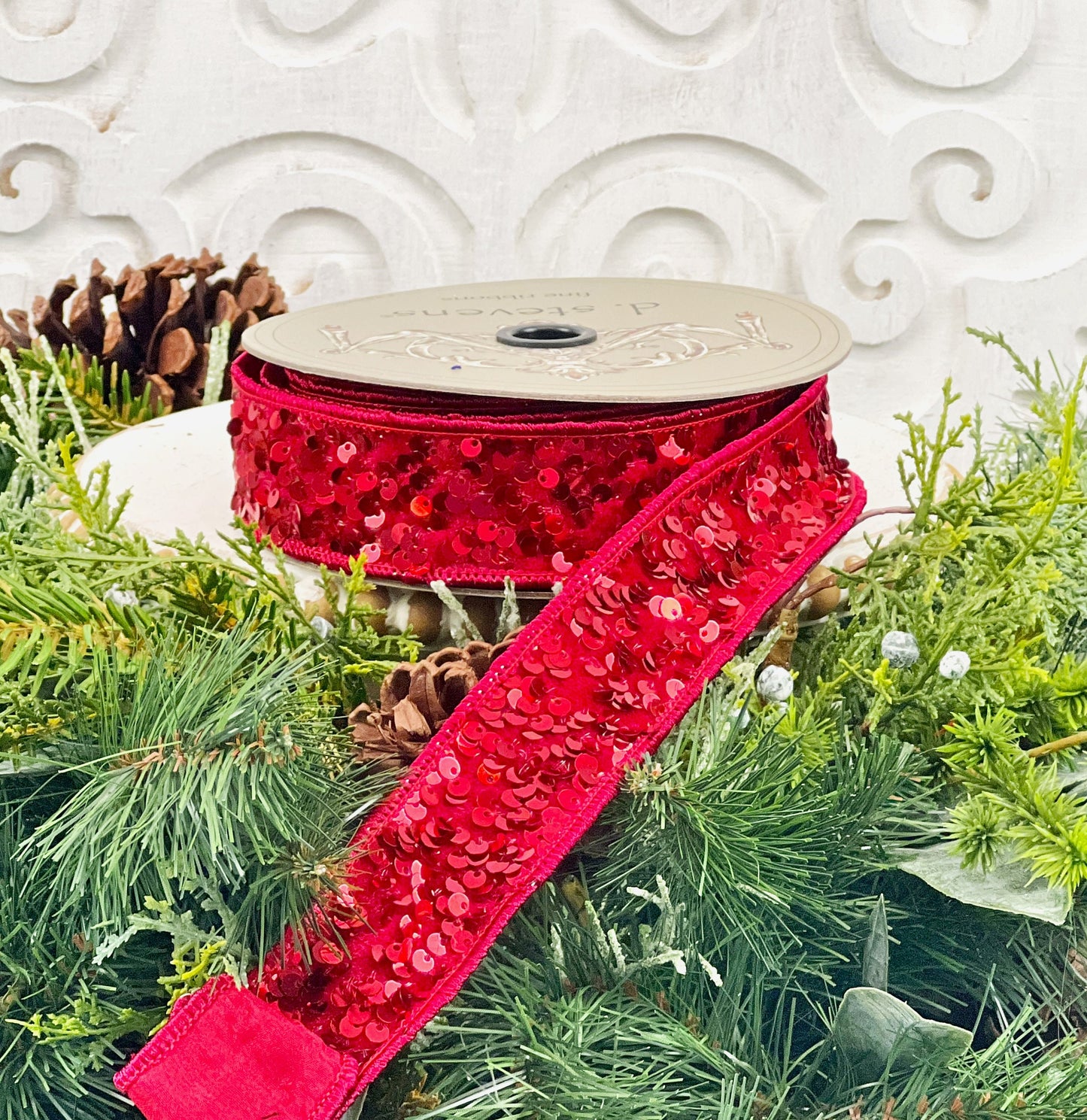 1" Red Sequin Ribbon, Wired Ribbon,  Sequin Ribbon, D Stevens Ribbon, Red Christmas Ribbon, Valentines Ribbon, Patriotic Ribbon, 4th of July