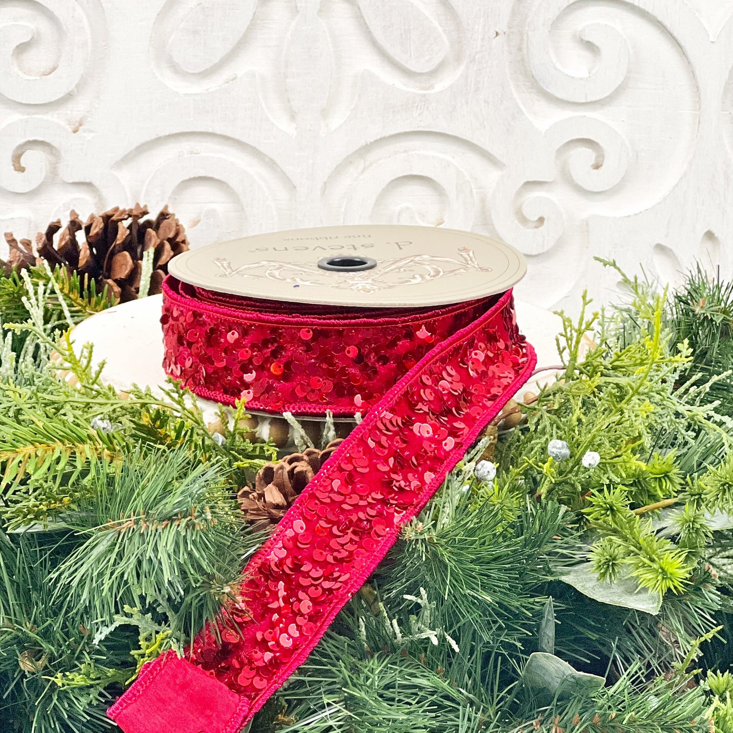1" Red Sequin Ribbon, Wired Ribbon,  Sequin Ribbon, D Stevens Ribbon, Red Christmas Ribbon, Valentines Ribbon, Patriotic Ribbon, 4th of July