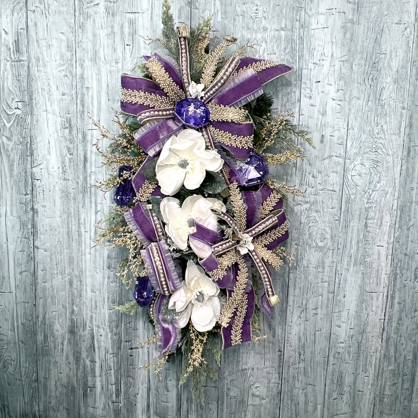 Jeweled Swag for Front Door, Easter Gem Swag, Elegant Magnolia Swag with Pearls, Purple Gem Wreath Spring Swag for Front Door,