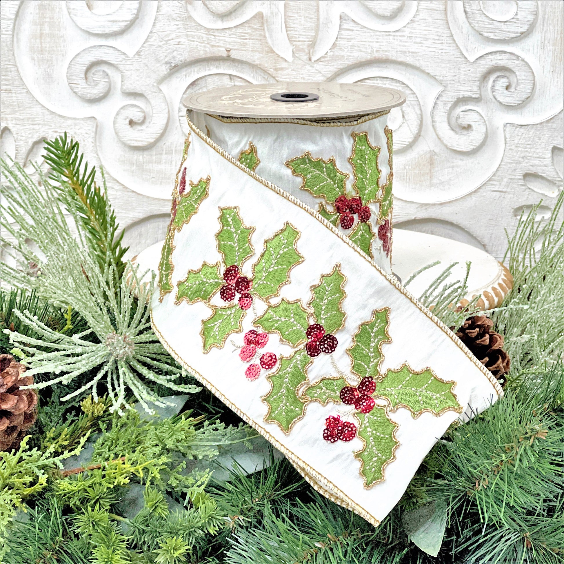 Christmas Holly Ribbon, Christmas Ribbon, D Stevens Embroidered Holly ribbon, Jeweled Christmas Ribbon, 4 Inch Wired Ribbon,