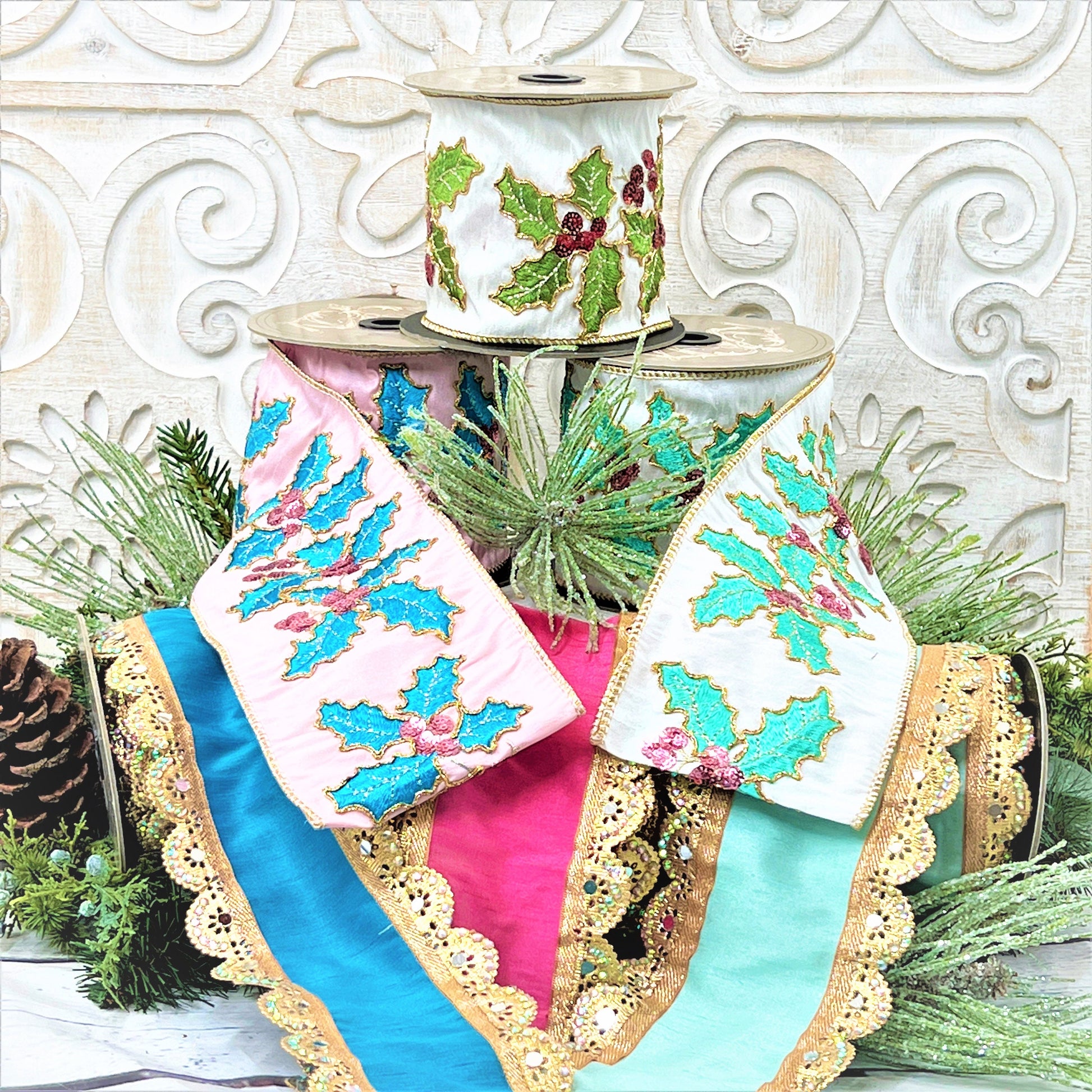 Christmas Holly Ribbon, Christmas Ribbon, D Stevens Embroidered Holly ribbon, Jeweled Christmas Ribbon, 4 Inch Wired Ribbon,