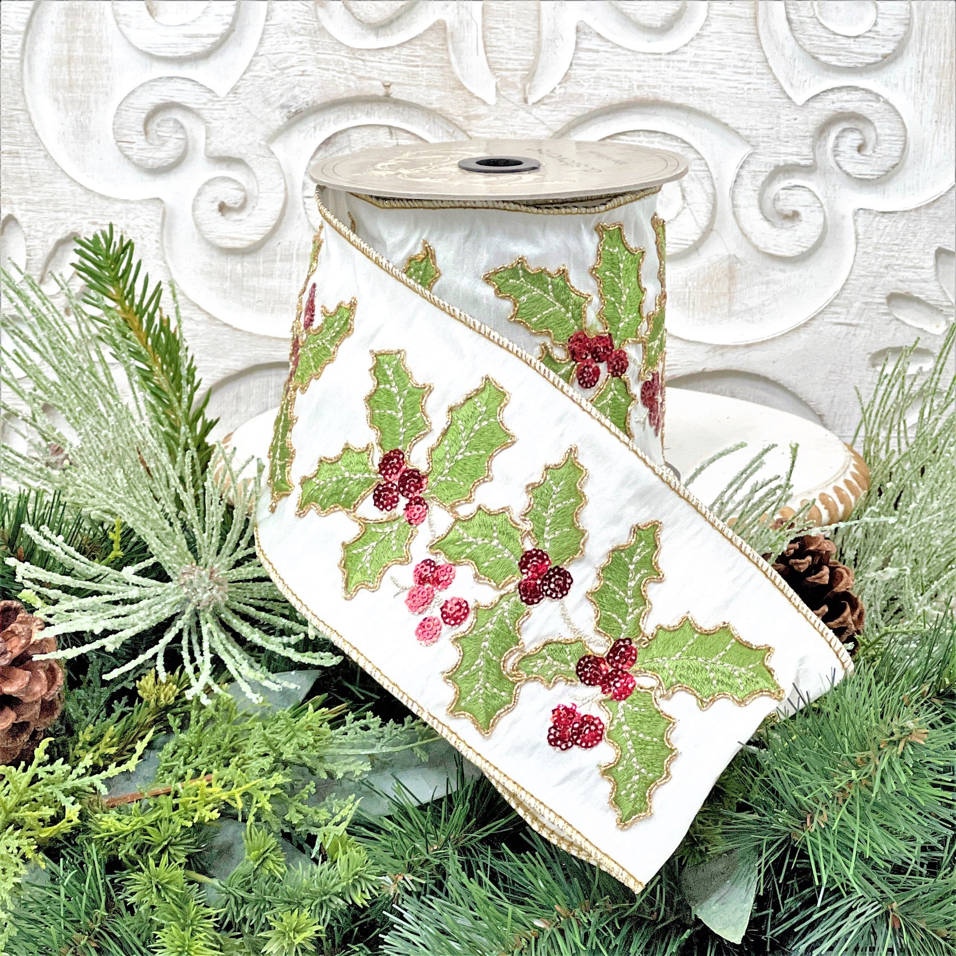 Christmas Holly Ribbon, Christmas Ribbon, D Stevens Embroidered Holly ribbon, Jeweled Christmas Ribbon, 4 Inch Wired Ribbon,