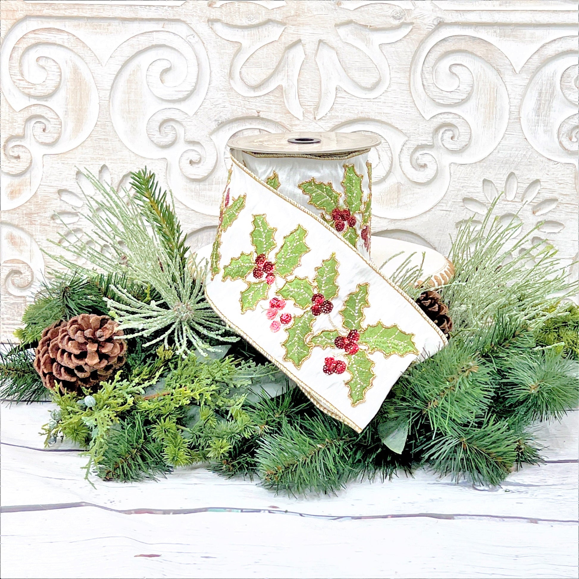 Christmas Holly Ribbon, Christmas Ribbon, D Stevens Embroidered Holly ribbon, Jeweled Christmas Ribbon, 4 Inch Wired Ribbon,