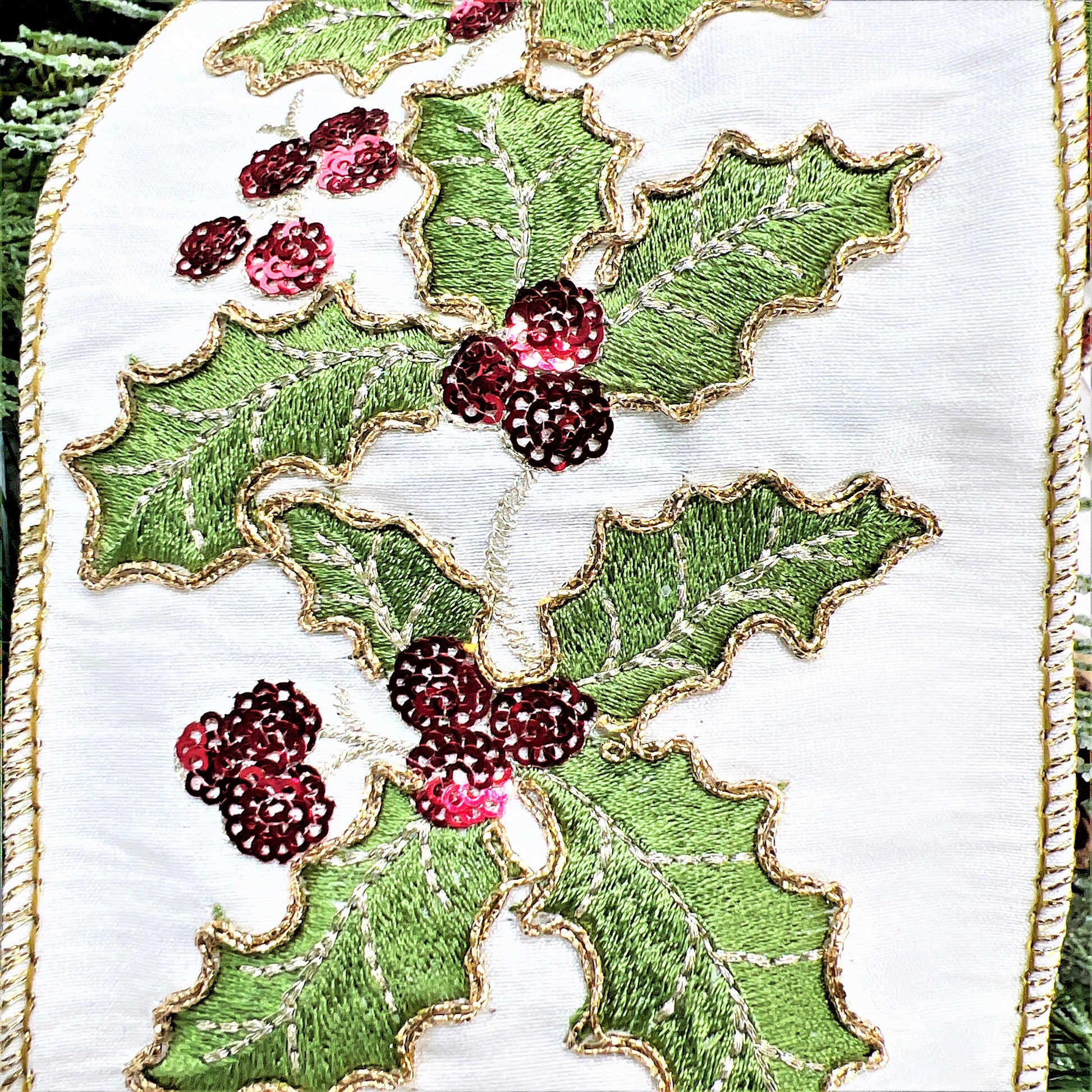 Christmas Holly Ribbon, Christmas Ribbon, D Stevens Embroidered Holly ribbon, Jeweled Christmas Ribbon, 4 Inch Wired Ribbon,
