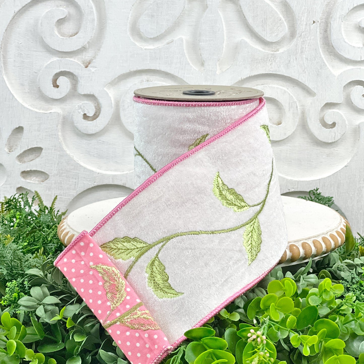 Pink & Green Embroidered Ribbon, Embroidered Floral Ribbon, Pink Polka Dot Ribbon, Floral Vine Ribbon, D Stevens Ribbon, White Velvet Ribbon