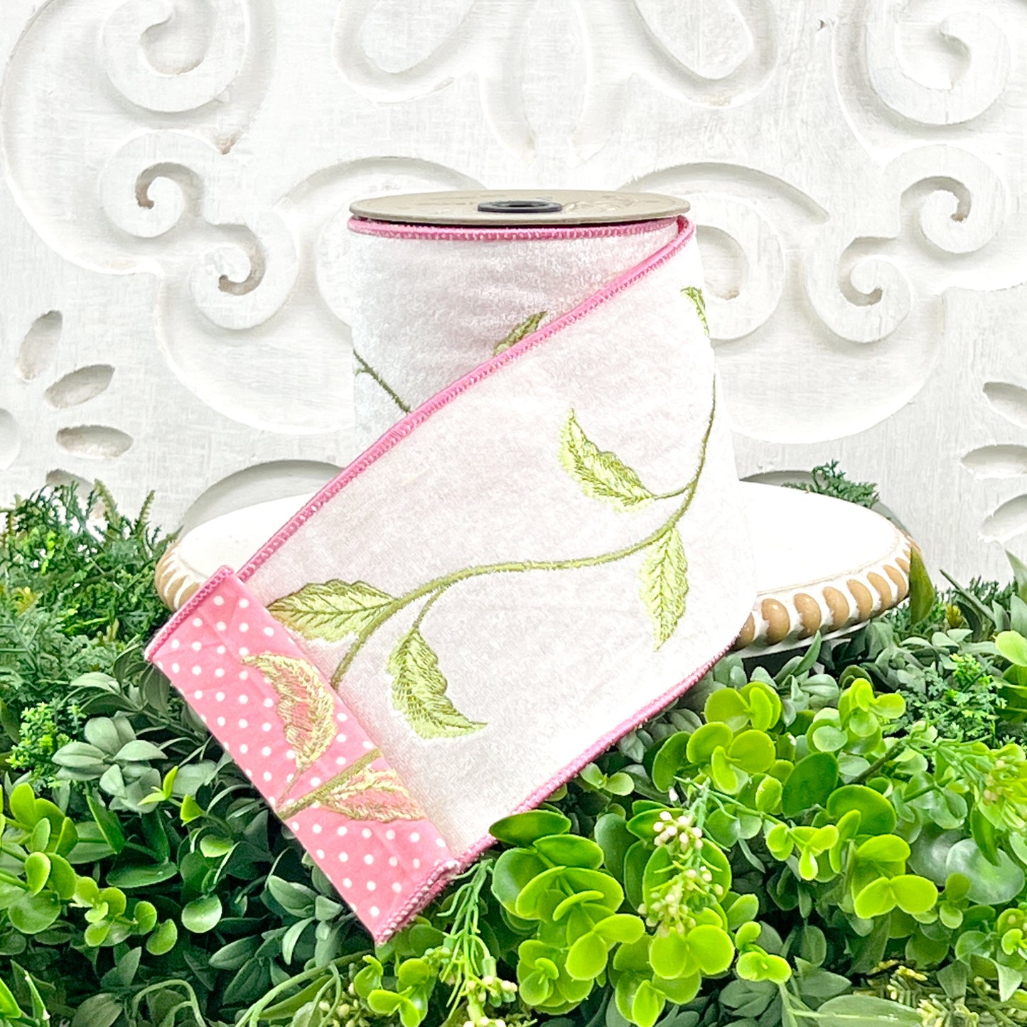 Pink & Green Embroidered Ribbon, Embroidered Floral Ribbon, Pink Polka Dot Ribbon, Floral Vine Ribbon, D Stevens Ribbon, White Velvet Ribbon