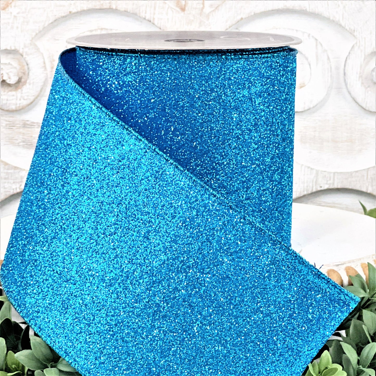 Turquoise Glitter Ribbon, 4 Inch Blue Glitter Ribbon, Farrisilk Diamond Dust Ribbon, Wired Blue Ribbon, Turquoise Ribbon, Blue Xmas Ribbon