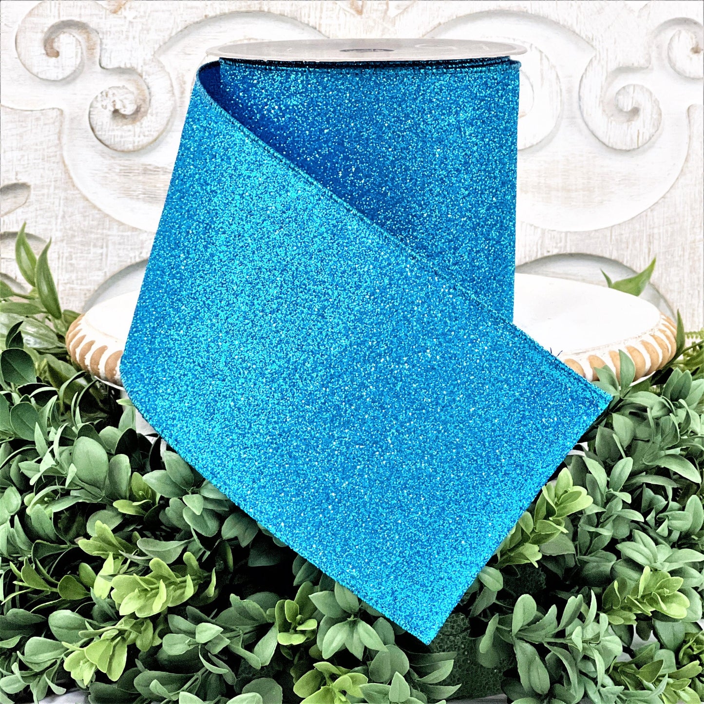 Turquoise Glitter Ribbon, 4 Inch Blue Glitter Ribbon, Farrisilk Diamond Dust Ribbon, Wired Blue Ribbon, Turquoise Ribbon, Blue Xmas Ribbon