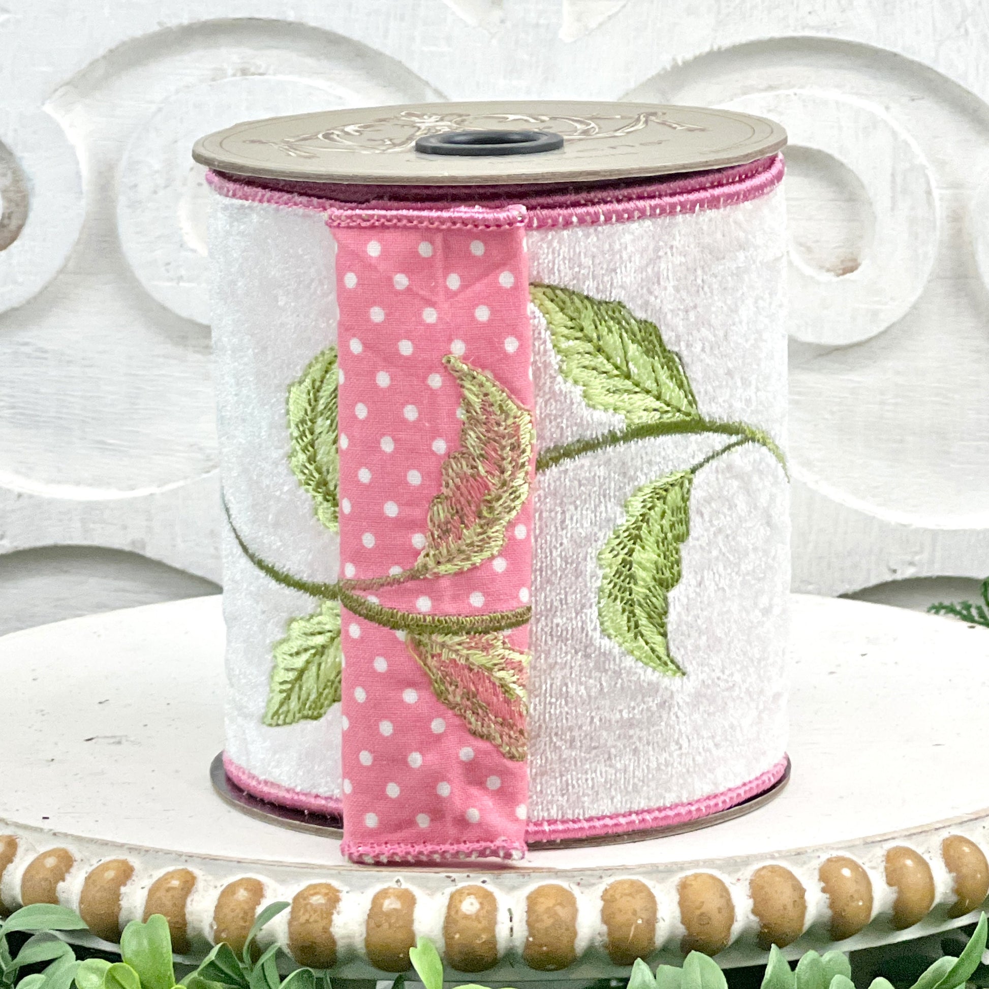 Pink & Green Embroidered Ribbon, Embroidered Floral Ribbon, Pink Polka Dot Ribbon, Floral Vine Ribbon, D Stevens Ribbon, White Velvet Ribbon