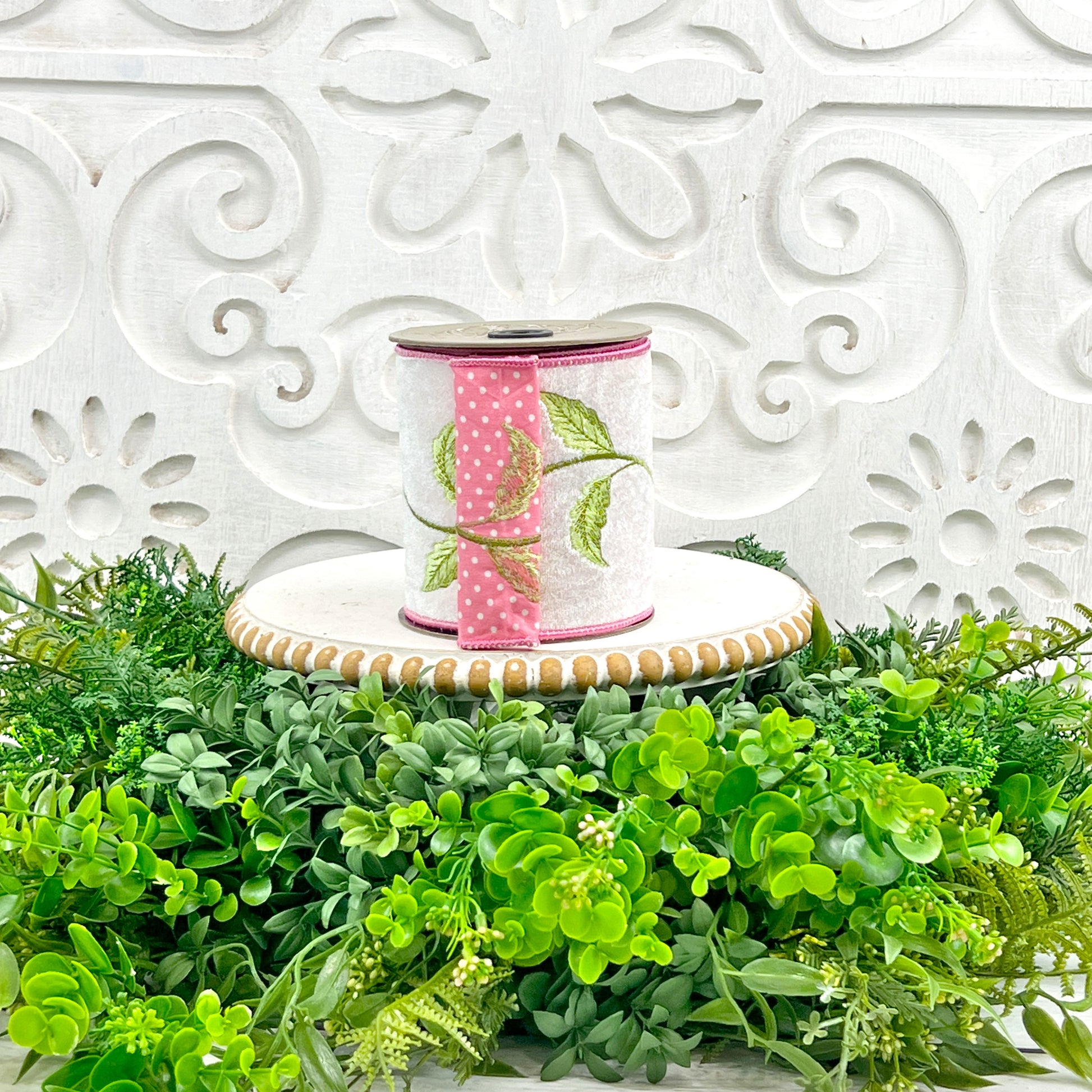 Pink & Green Embroidered Ribbon, Embroidered Floral Ribbon, Pink Polka Dot Ribbon, Floral Vine Ribbon, D Stevens Ribbon, White Velvet Ribbon