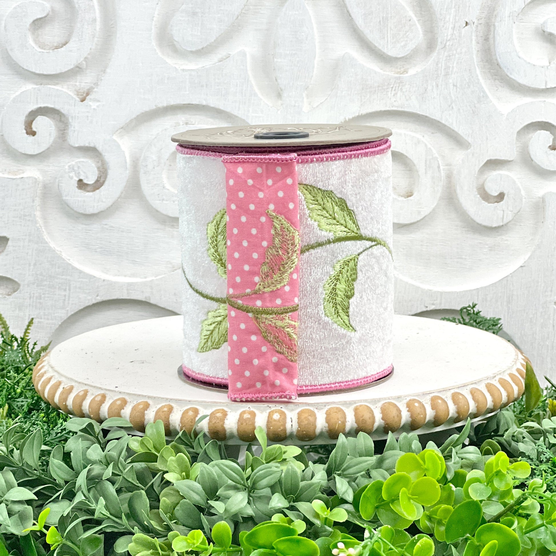 Pink & Green Embroidered Ribbon, Embroidered Floral Ribbon, Pink Polka Dot Ribbon, Floral Vine Ribbon, D Stevens Ribbon, White Velvet Ribbon