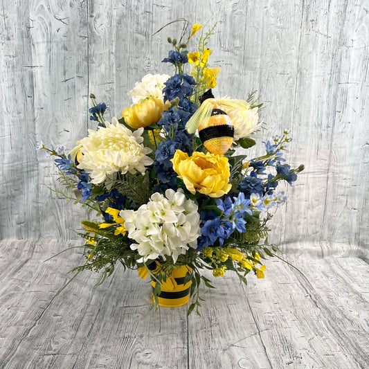 Spring Bumblebee Floral Arrangement, Summer Bumblebee Centerpiece, Bee Table Centerpiece, Mothers Day Gift, Yellow and Blue Arrangement