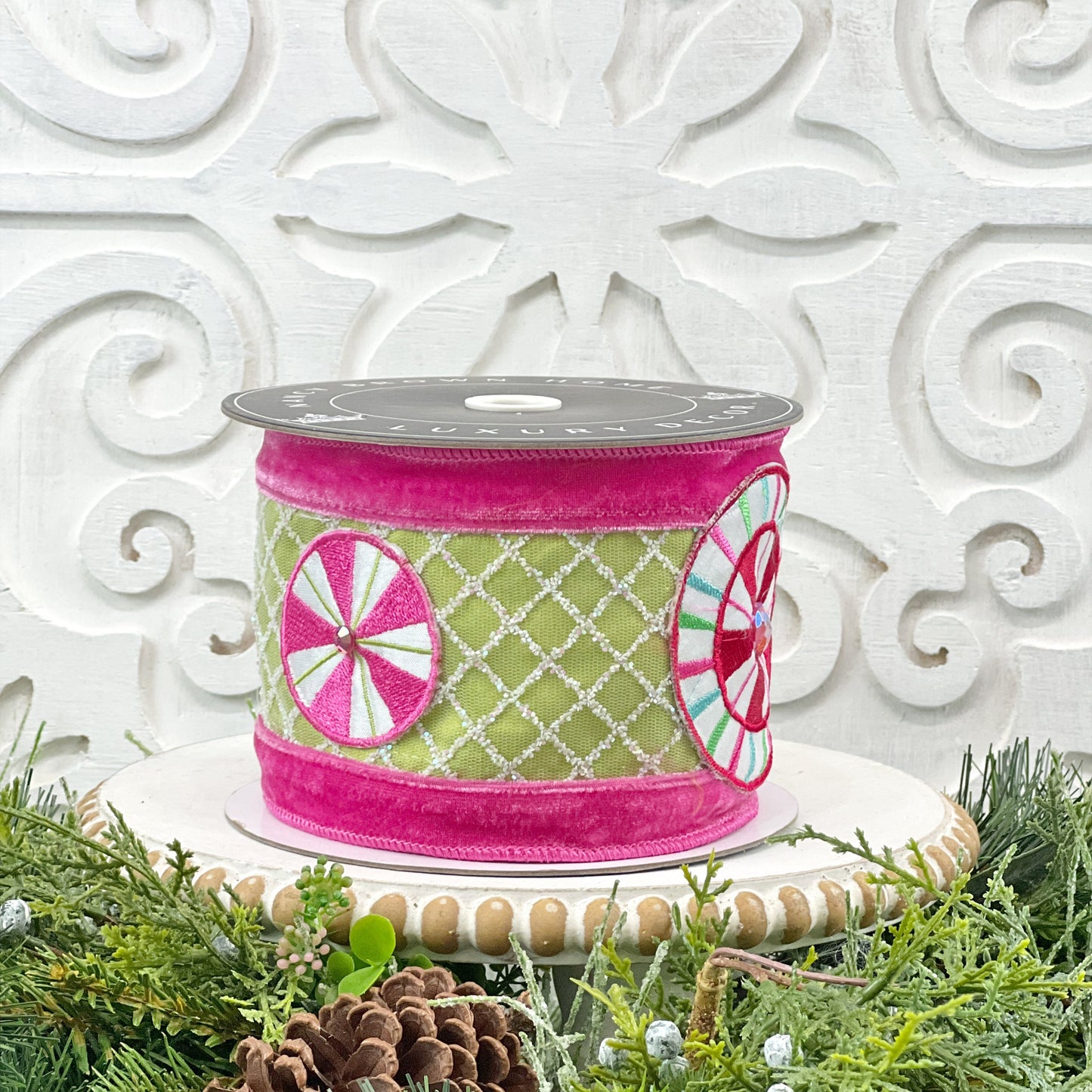 Pink and Green Peppermint Ribbon, Pink and Green Velvet Embroidered Ribbon, Holiday Candy Ribbon, Peppermint Ribbon, Jeweled Velvet Ribbon,