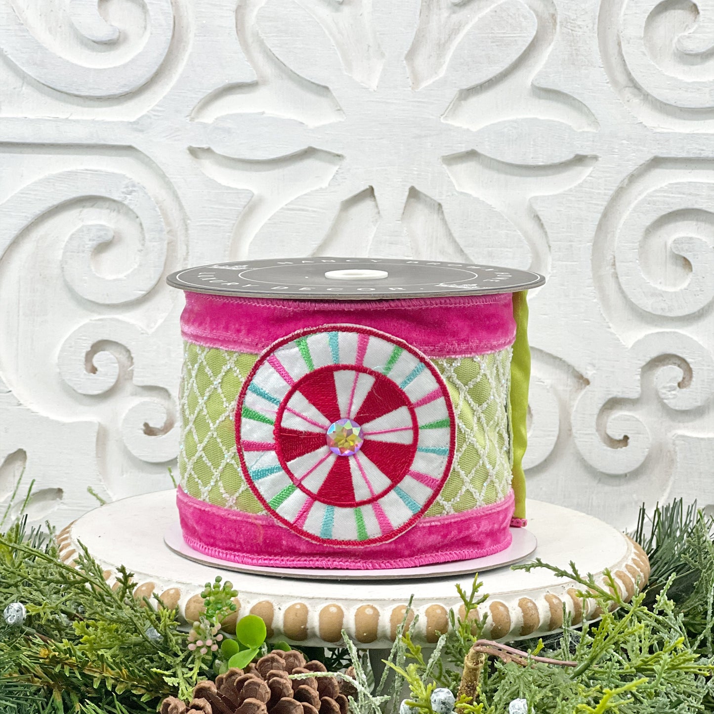 Pink and Green Peppermint Ribbon, Pink and Green Velvet Embroidered Ribbon, Holiday Candy Ribbon, Peppermint Ribbon, Jeweled Velvet Ribbon,