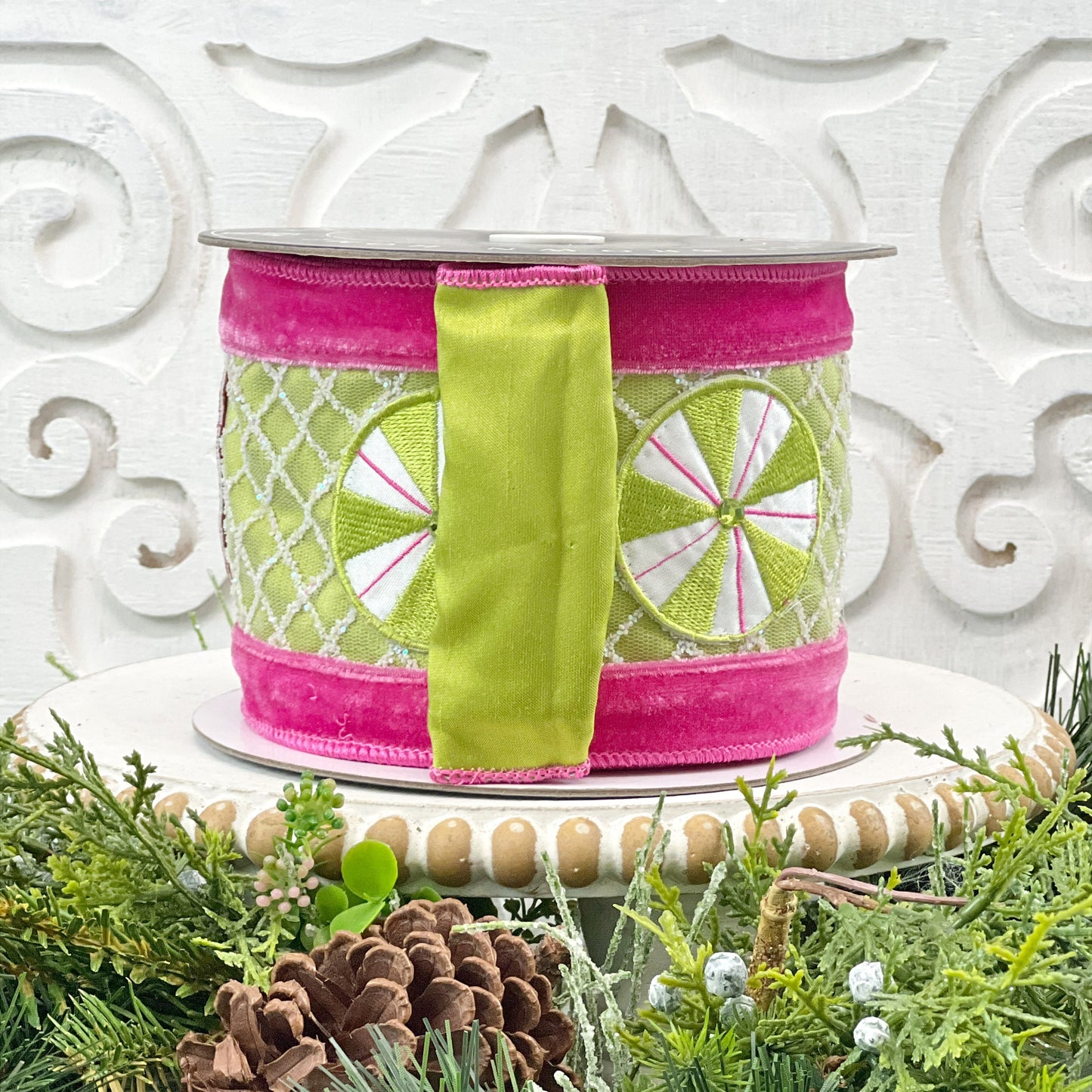 Pink and Green Peppermint Ribbon, Pink and Green Velvet Embroidered Ribbon, Holiday Candy Ribbon, Peppermint Ribbon, Jeweled Velvet Ribbon,